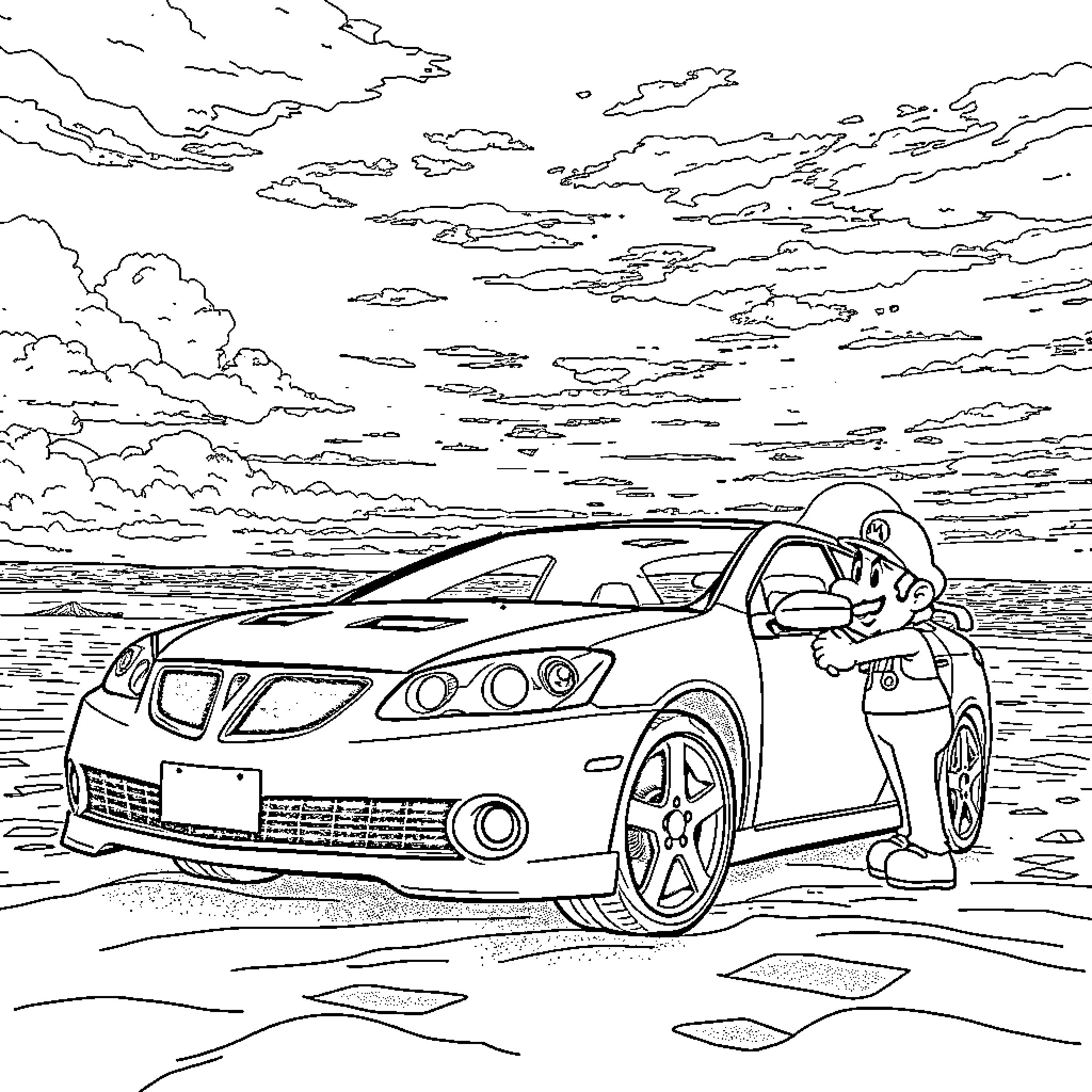 Pontiac car on the beach with a scenic sky Coloring Page (free black-and-white line drawing printable PDF for all, from beginners to advanced learners, including children, teens, adults, and seniors)
