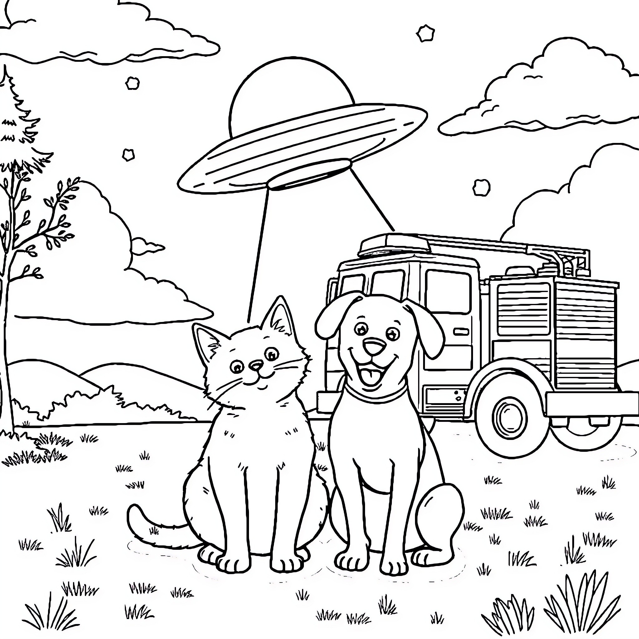 Cat and dog with a UFO in the sky Coloring Page (free black-and-white line drawing printable PDF for all, from beginners to advanced learners, including children, teens, adults, and seniors)