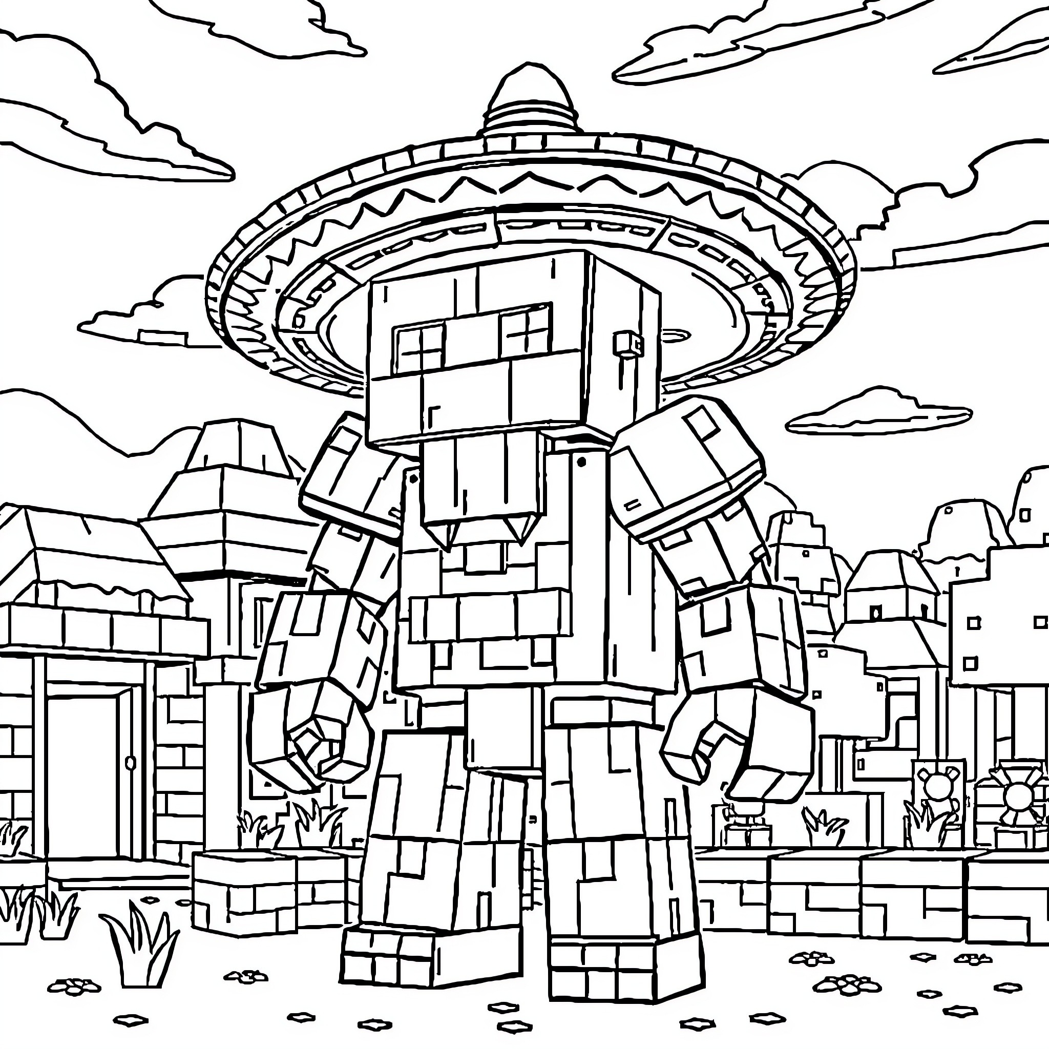 Iron Golem protecting a Mexican town Coloring Page (free black-and-white line drawing printable PDF for all, from beginners to advanced learners, including children, teens, adults, and seniors)