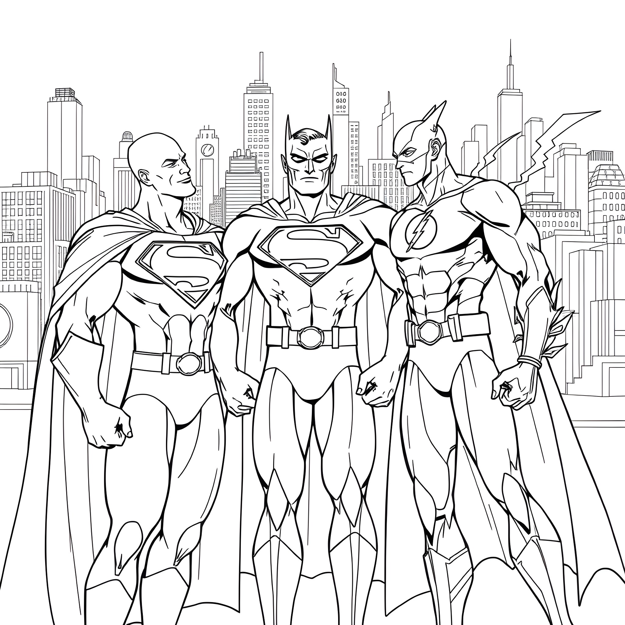 Superman, Batman, and The Flash heroically team up Coloring Page (free black-and-white line drawing printable PDF for all, from beginners to advanced learners, including children, teens, adults, and seniors)