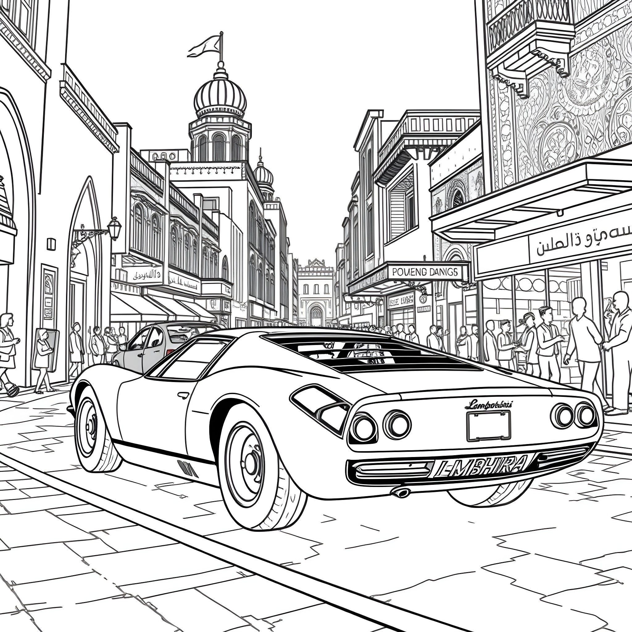Lamborghini speeding through a bustling city street Coloring Page (free black-and-white line drawing printable PDF for all, from beginners to advanced learners, including children, teens, adults, and seniors)