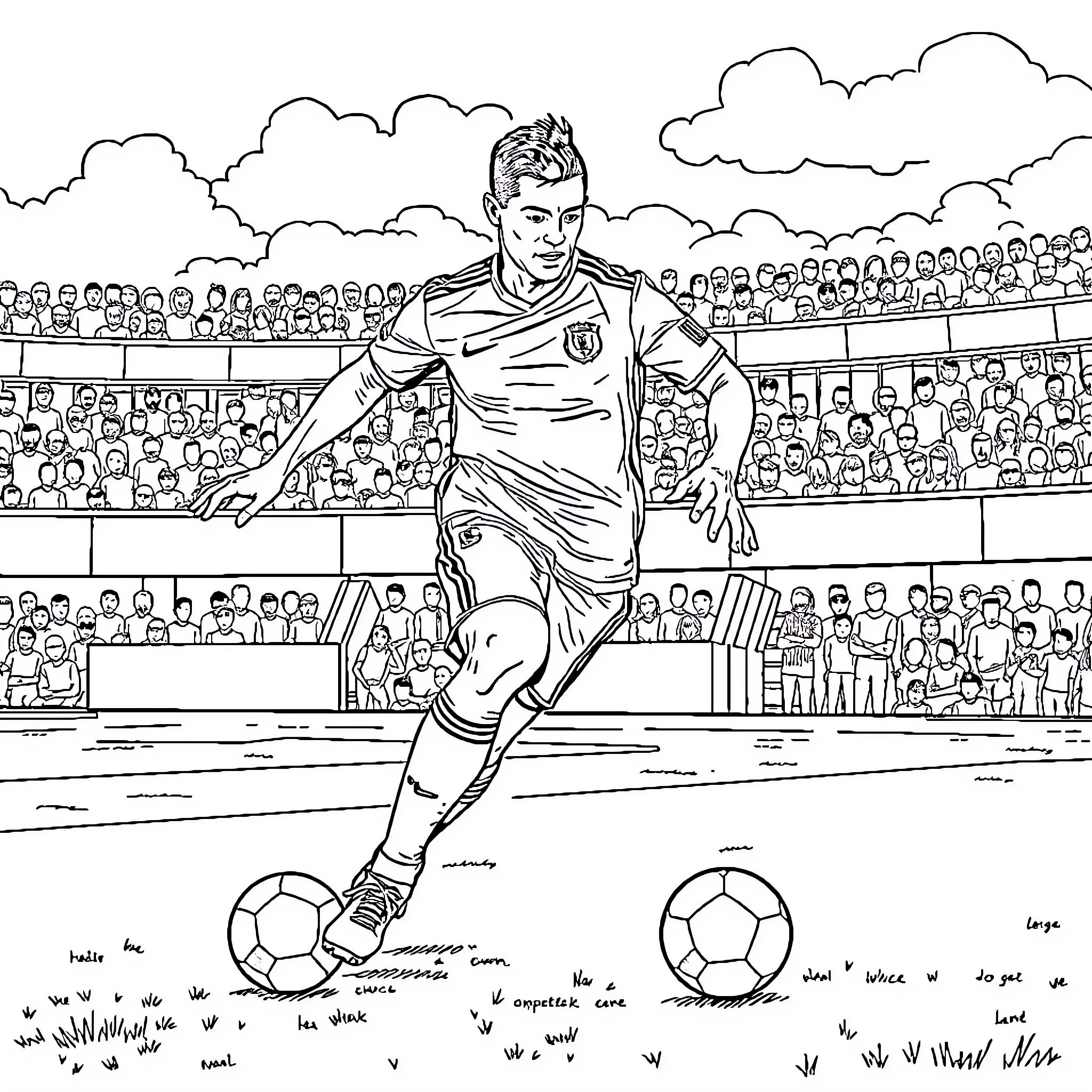 Ronaldo playing soccer in a packed stadium Coloring Page (free black-and-white line drawing printable PDF for all, from beginners to advanced learners, including children, teens, adults, and seniors)