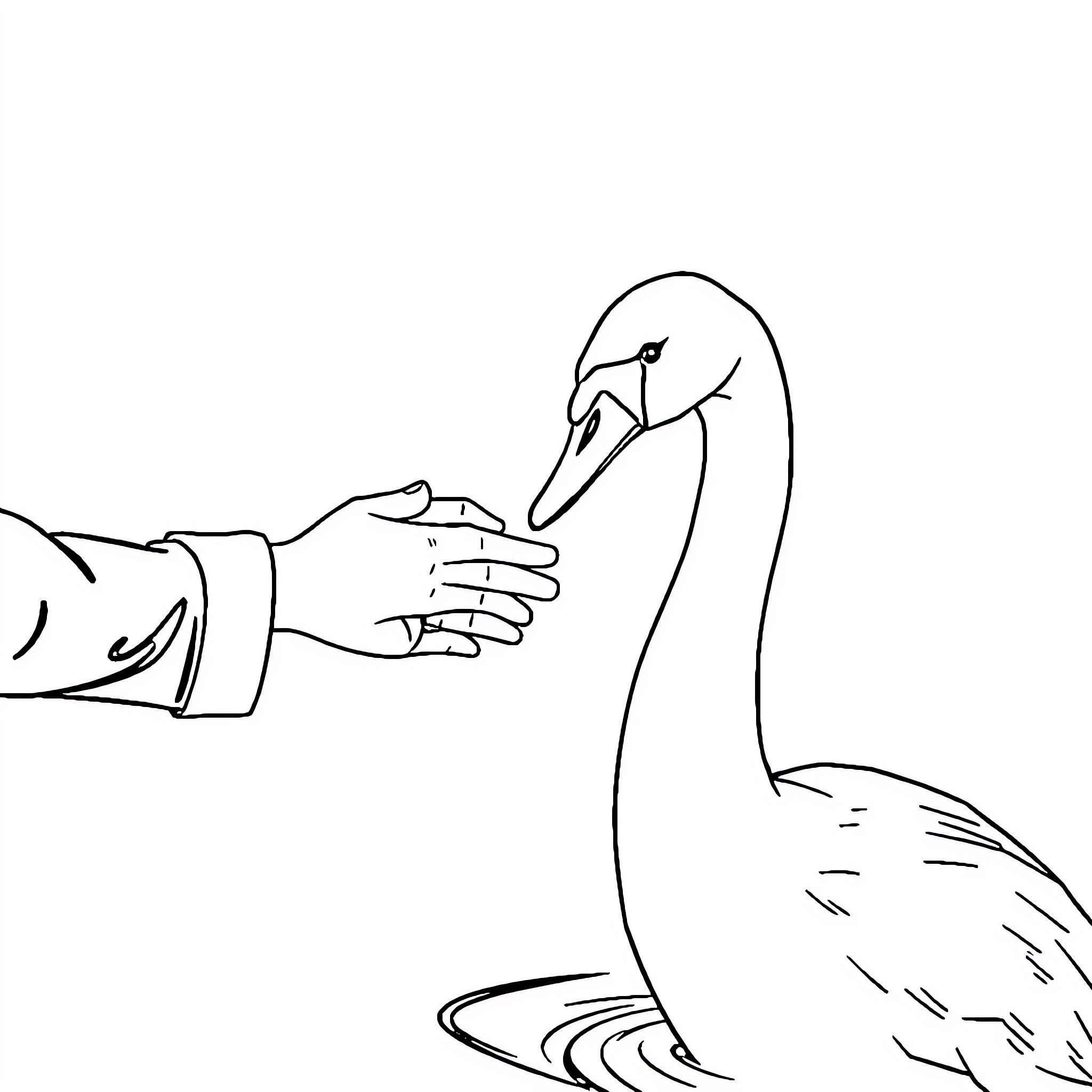 Swan Gracefully Interacting with Human Hand Coloring Page (free black-and-white line drawing printable PDF for all, from beginners to advanced learners, including children, teens, adults, and seniors)