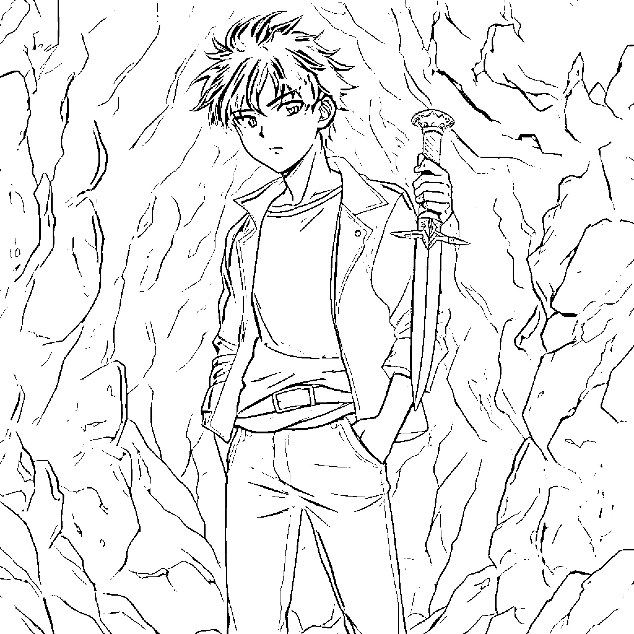 Young Man Wielding a Sword in a Rugged Landscape Coloring Page (free black-and-white line drawing printable PDF for all, from beginners to advanced learners, including children, teens, adults, and seniors)