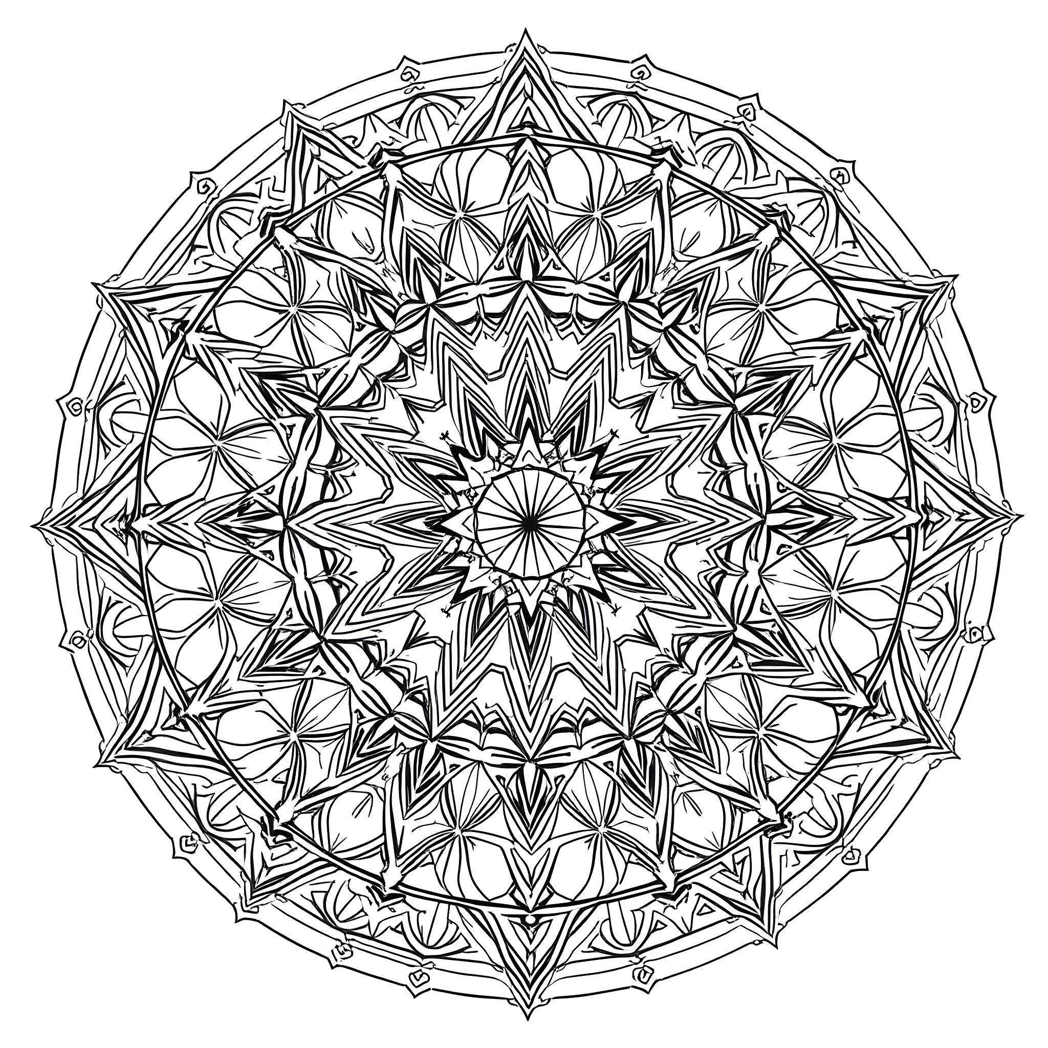 Circle Mandala with Geometric Patterns Coloring Page (free black-and-white line drawing printable PDF for all, from beginners to advanced learners, including children, teens, adults, and seniors)