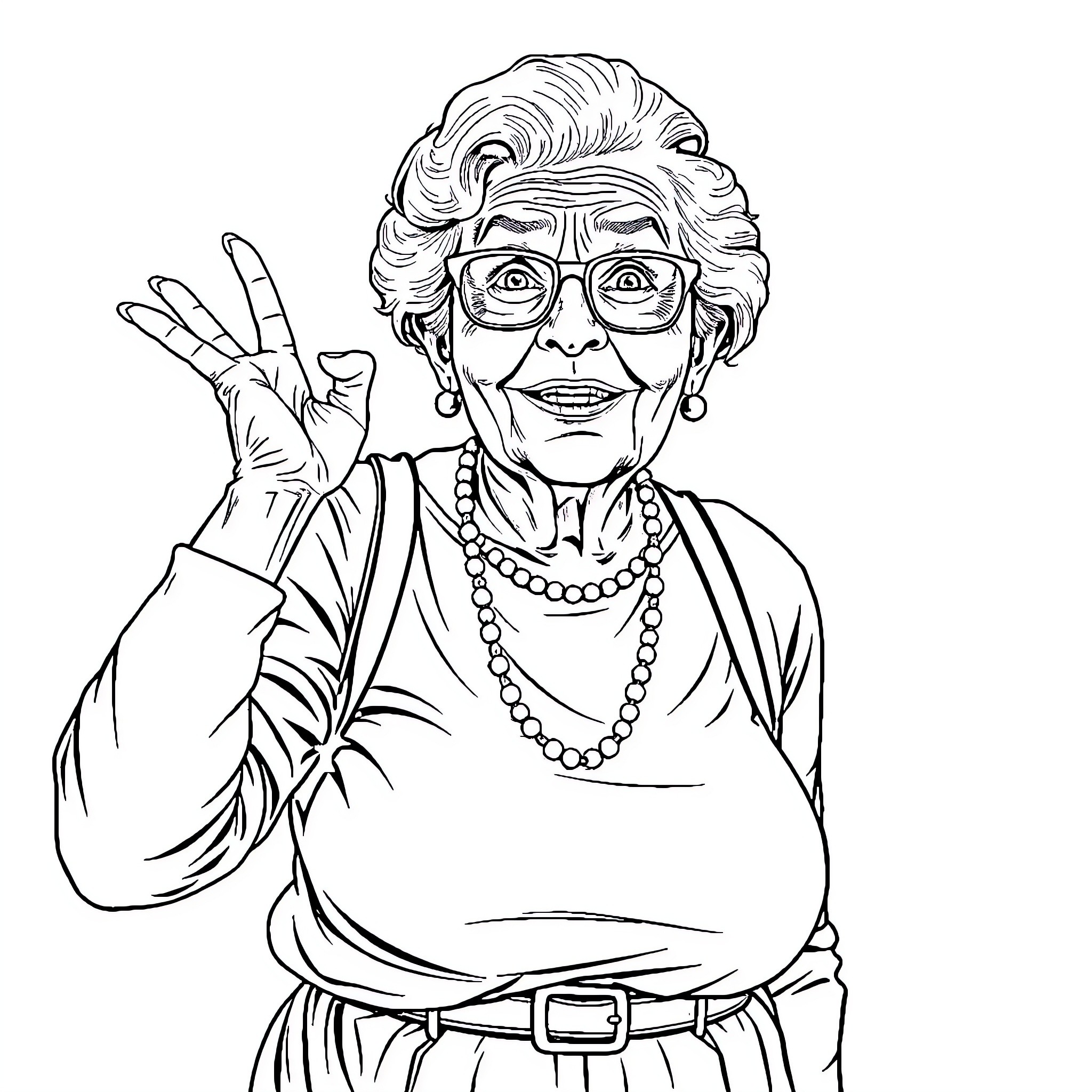 Woman making a peace sign with a cheerful expression Coloring Page (free black-and-white line drawing printable PDF for all, from beginners to advanced learners, including children, teens, adults, and seniors)