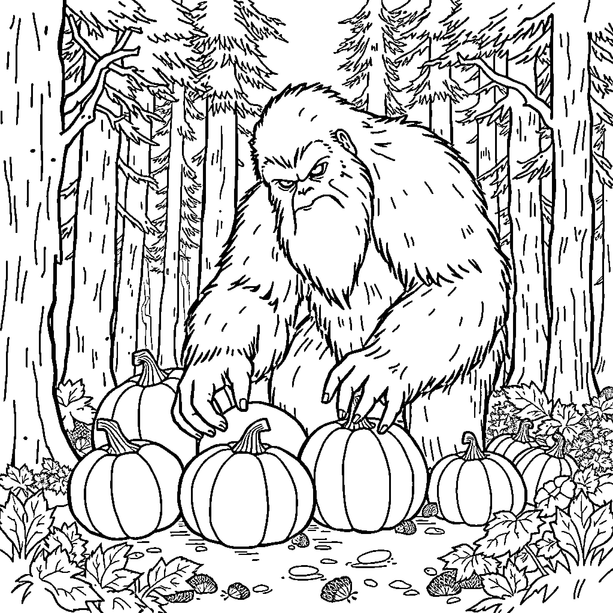 Bigfoot exploring a pumpkin patch in the forest Coloring Page (free black-and-white line drawing printable PDF for all, from beginners to advanced learners, including children, teens, adults, and seniors)