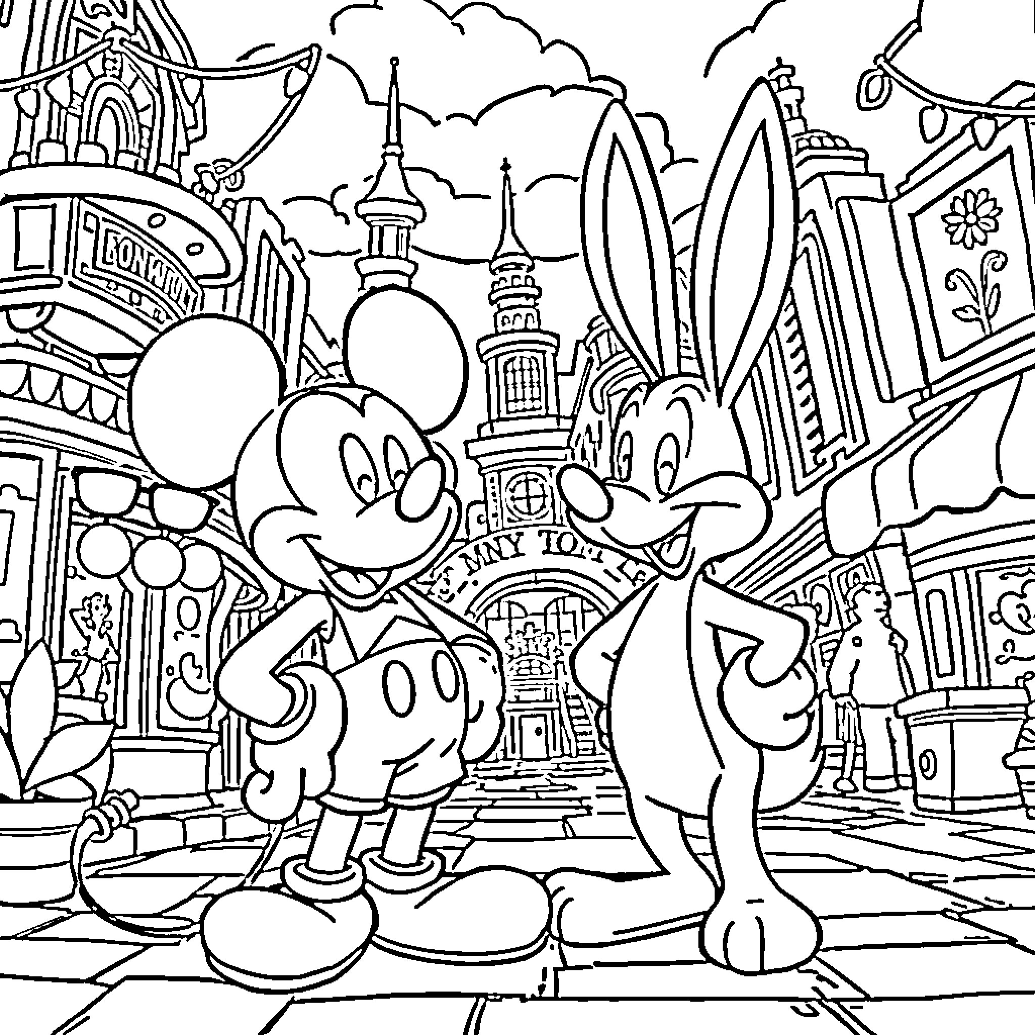 Mickey and Bugs Bunny explore a whimsical Disney landscape Coloring Page (free black-and-white line drawing printable PDF for all, from beginners to advanced learners, including children, teens, adults, and seniors)