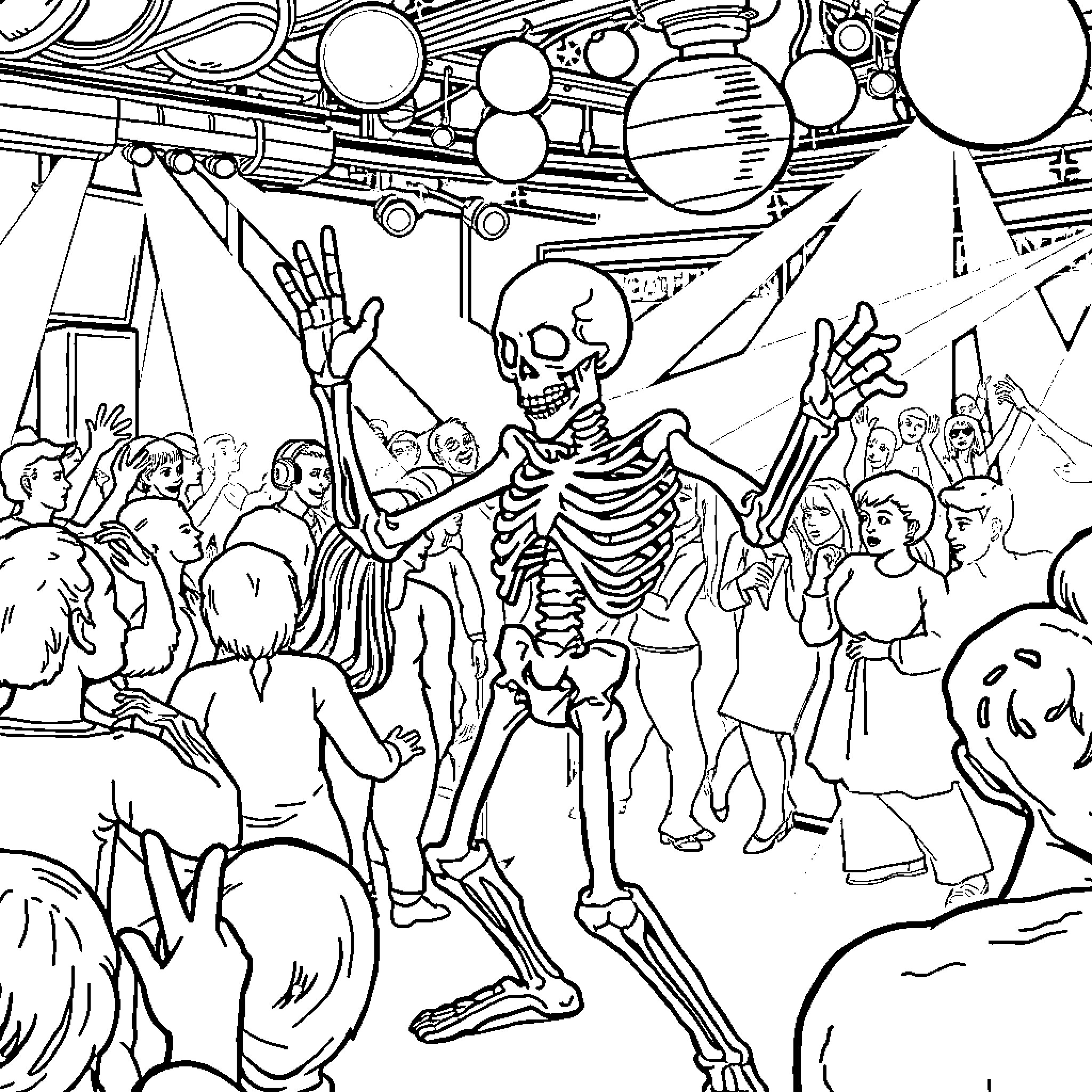 Skeletor's Twisted Revelry with Costumed Revelers Coloring Page (free black-and-white line drawing printable PDF for all, from beginners to advanced learners, including children, teens, adults, and seniors)