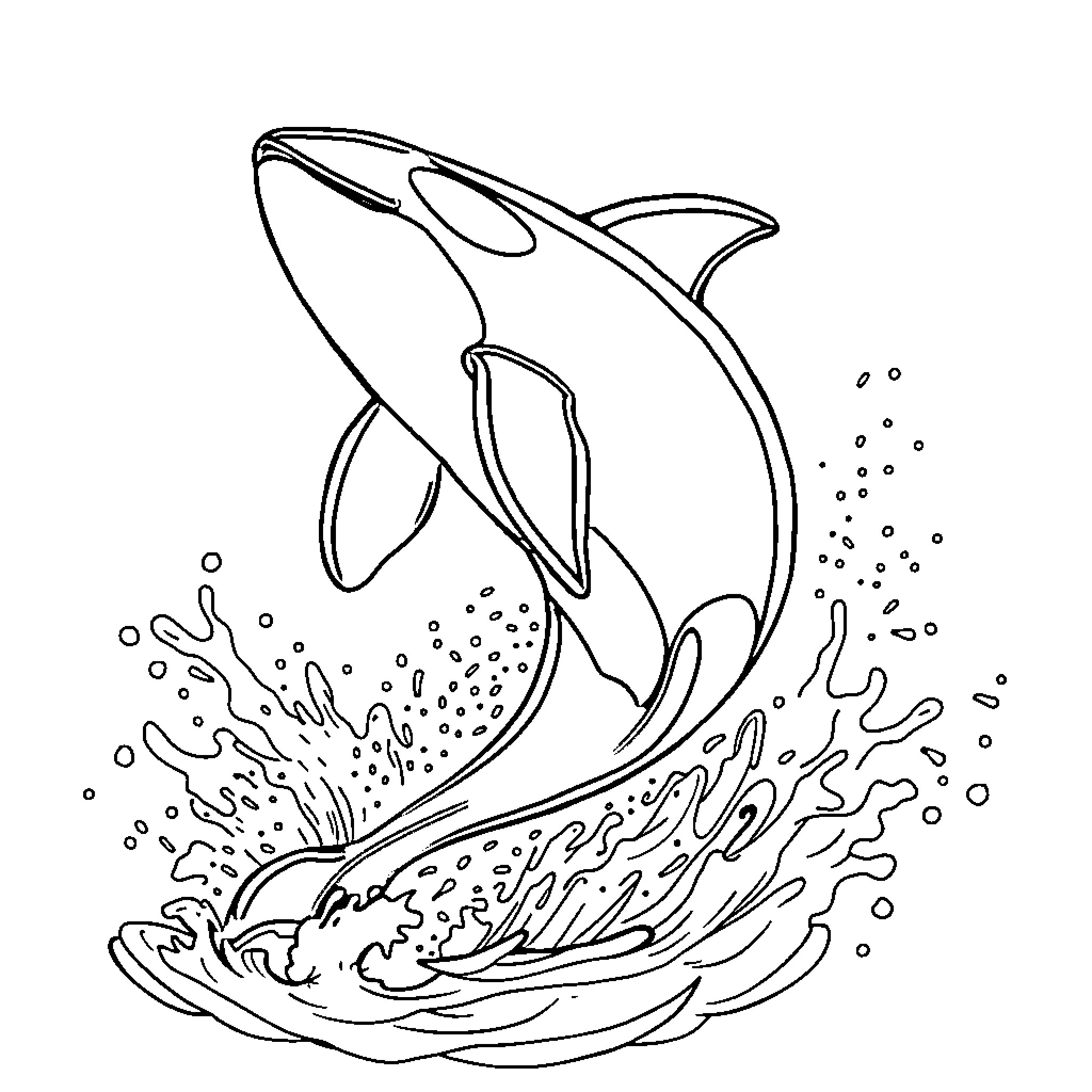 Orca leaping through ocean waves Coloring Page (free black-and-white line drawing printable PDF for all, from beginners to advanced learners, including children, teens, adults, and seniors)