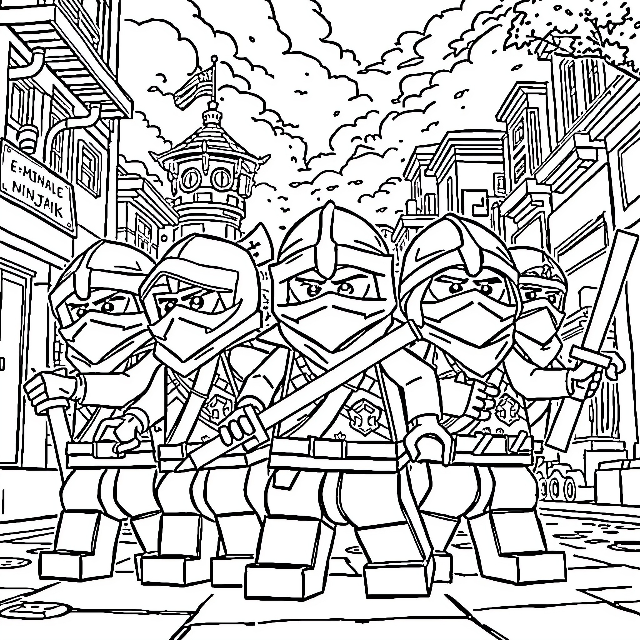 Ninjago ninja warriors on the city street Coloring Page (free black-and-white line drawing printable PDF for all, from beginners to advanced learners, including children, teens, adults, and seniors)