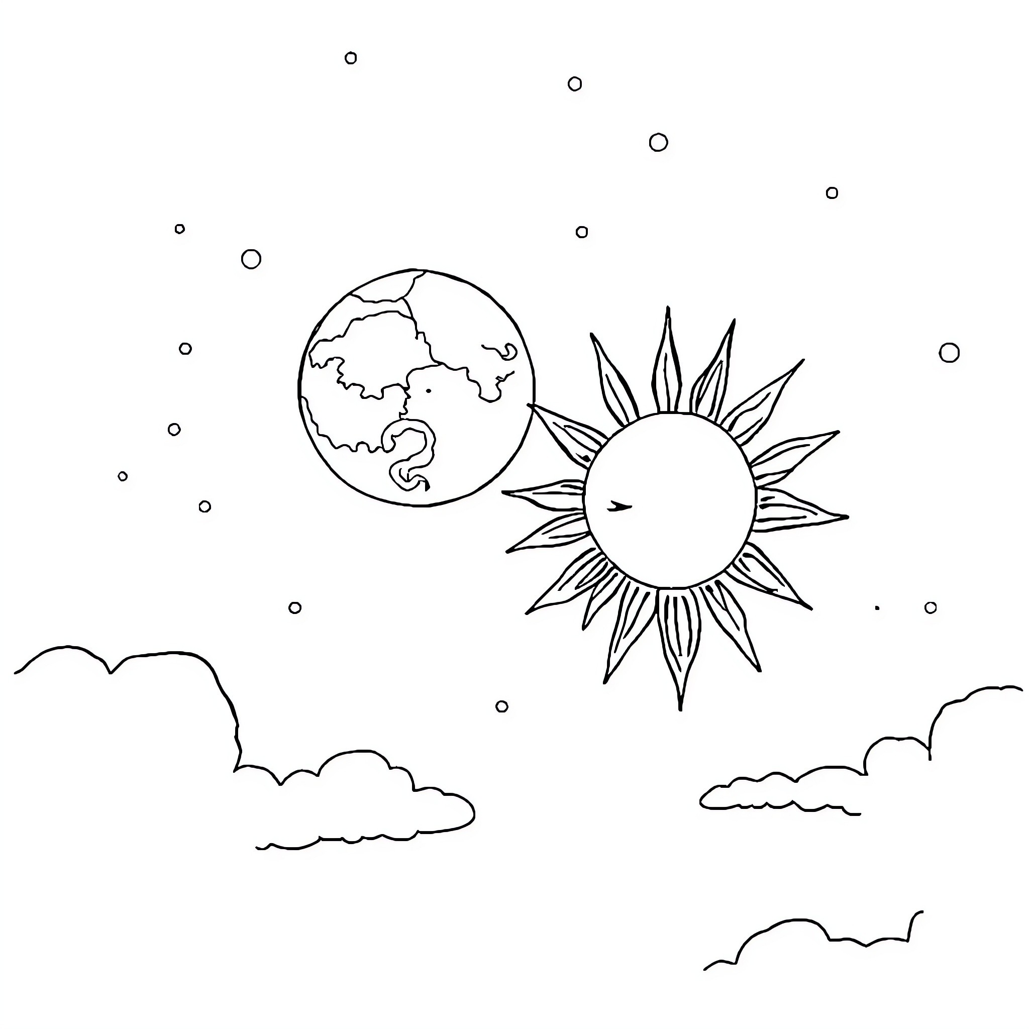 Moon shining brightly with sun in the sky Coloring Page (free black-and-white line drawing printable PDF for all, from beginners to advanced learners, including children, teens, adults, and seniors)