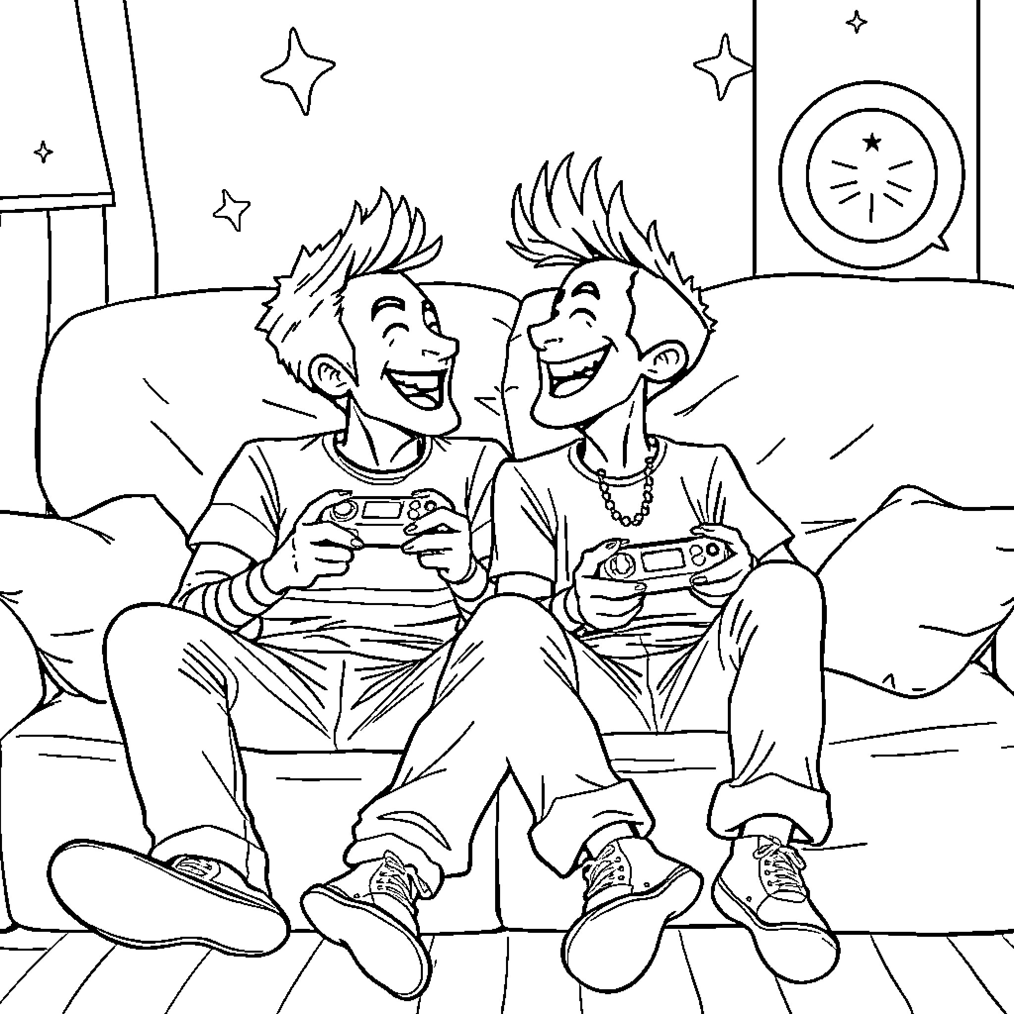 Markiplier friends playing video games together excitedly Coloring Page (free black-and-white line drawing printable PDF for all, from beginners to advanced learners, including children, teens, adults, and seniors)