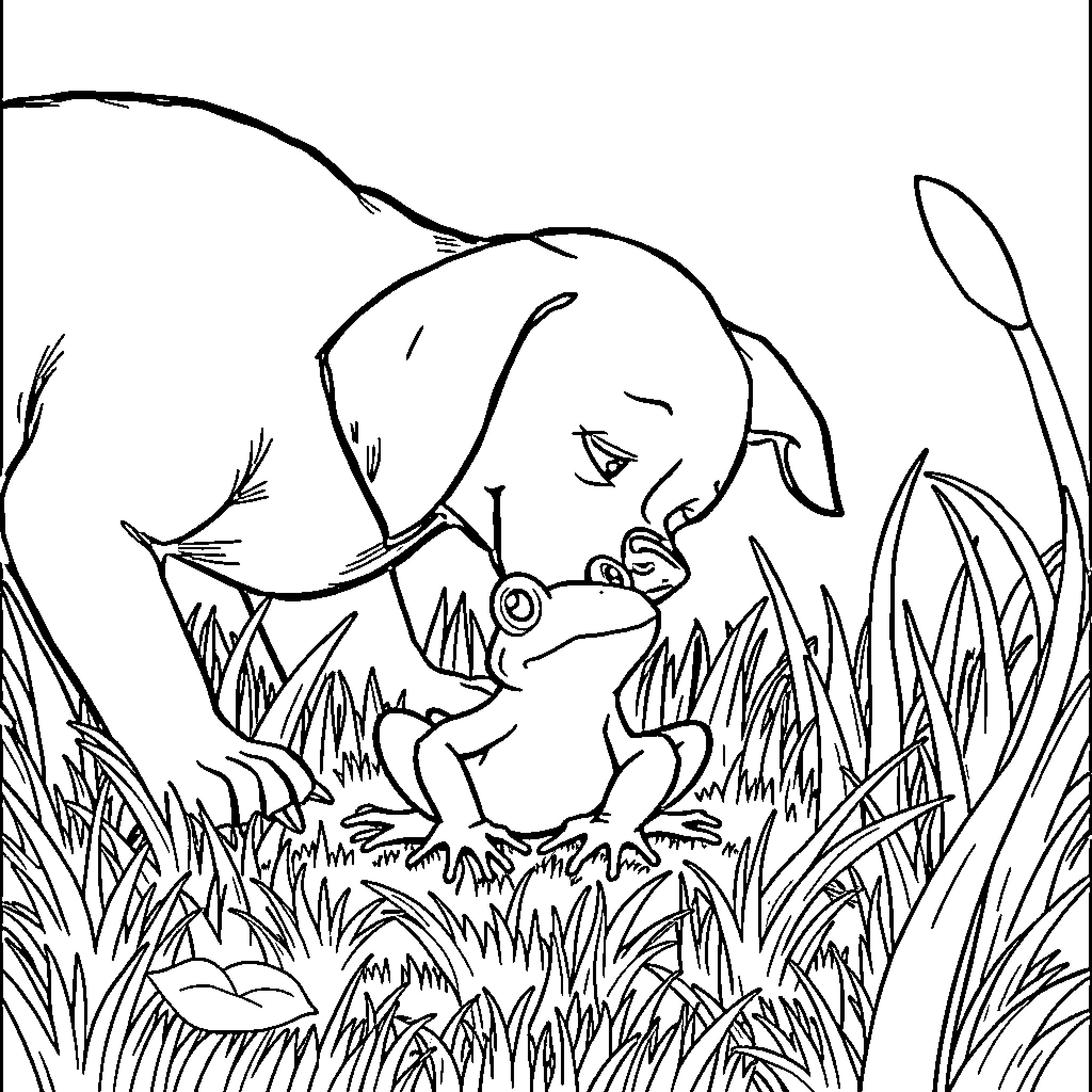 Dog exploring nature in the meadow Coloring Page (free black-and-white line drawing printable PDF for all, from beginners to advanced learners, including children, teens, adults, and seniors)