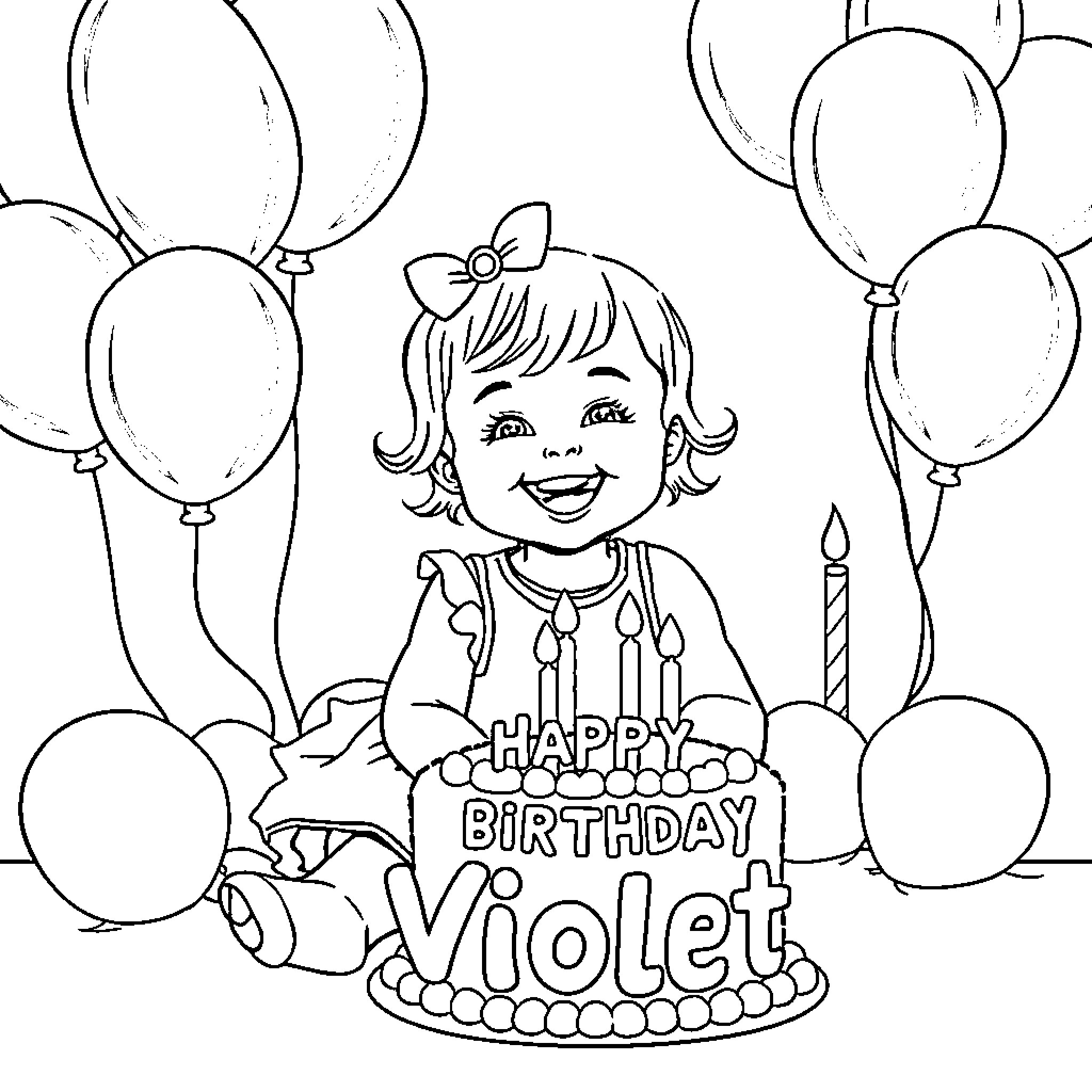 Girl celebrating her birthday with balloons Coloring Page (free black-and-white line drawing printable PDF for all, from beginners to advanced learners, including children, teens, adults, and seniors)