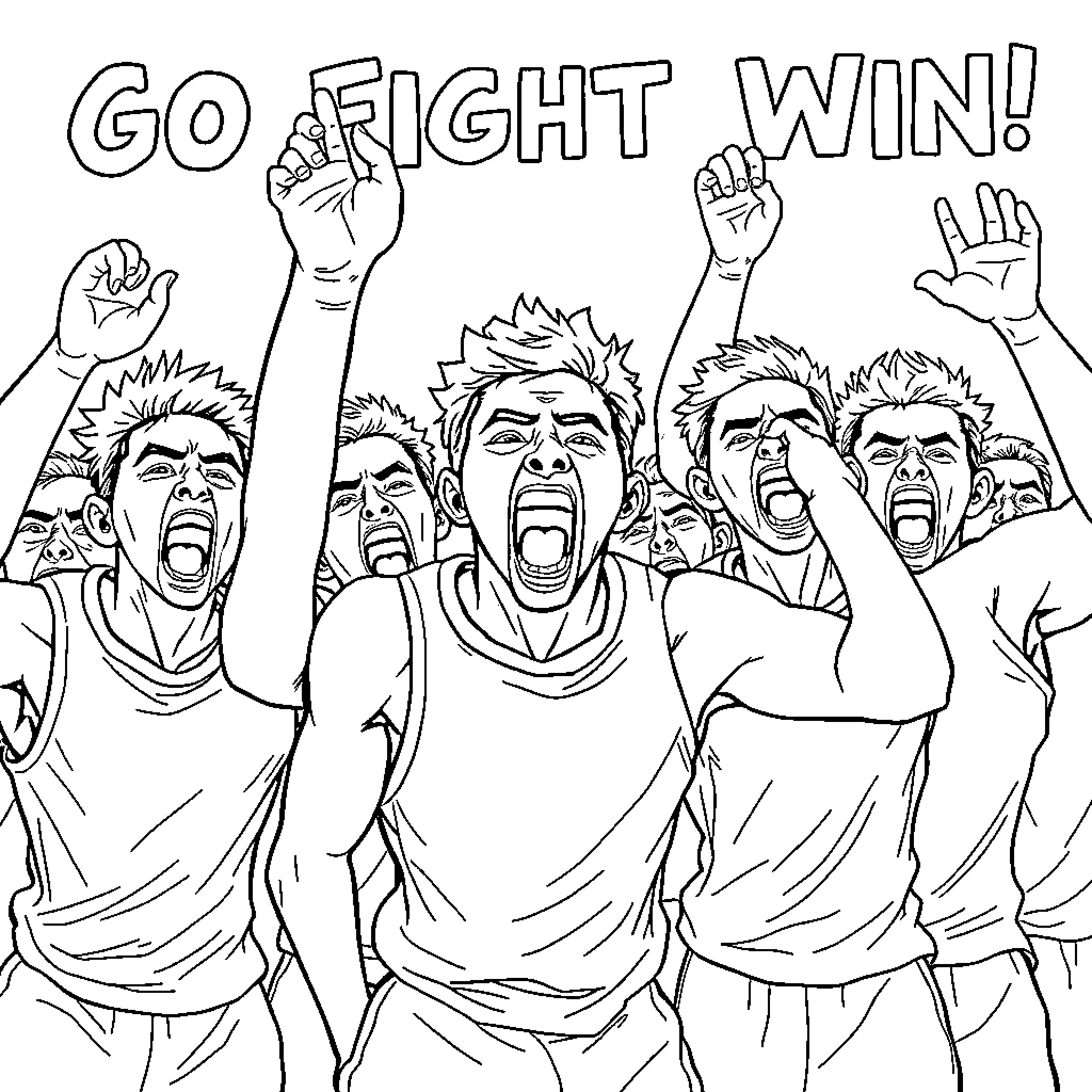 Fight for Victory - Cheering Team in Action Coloring Page (free black-and-white line drawing printable PDF for all, from beginners to advanced learners, including children, teens, adults, and seniors)