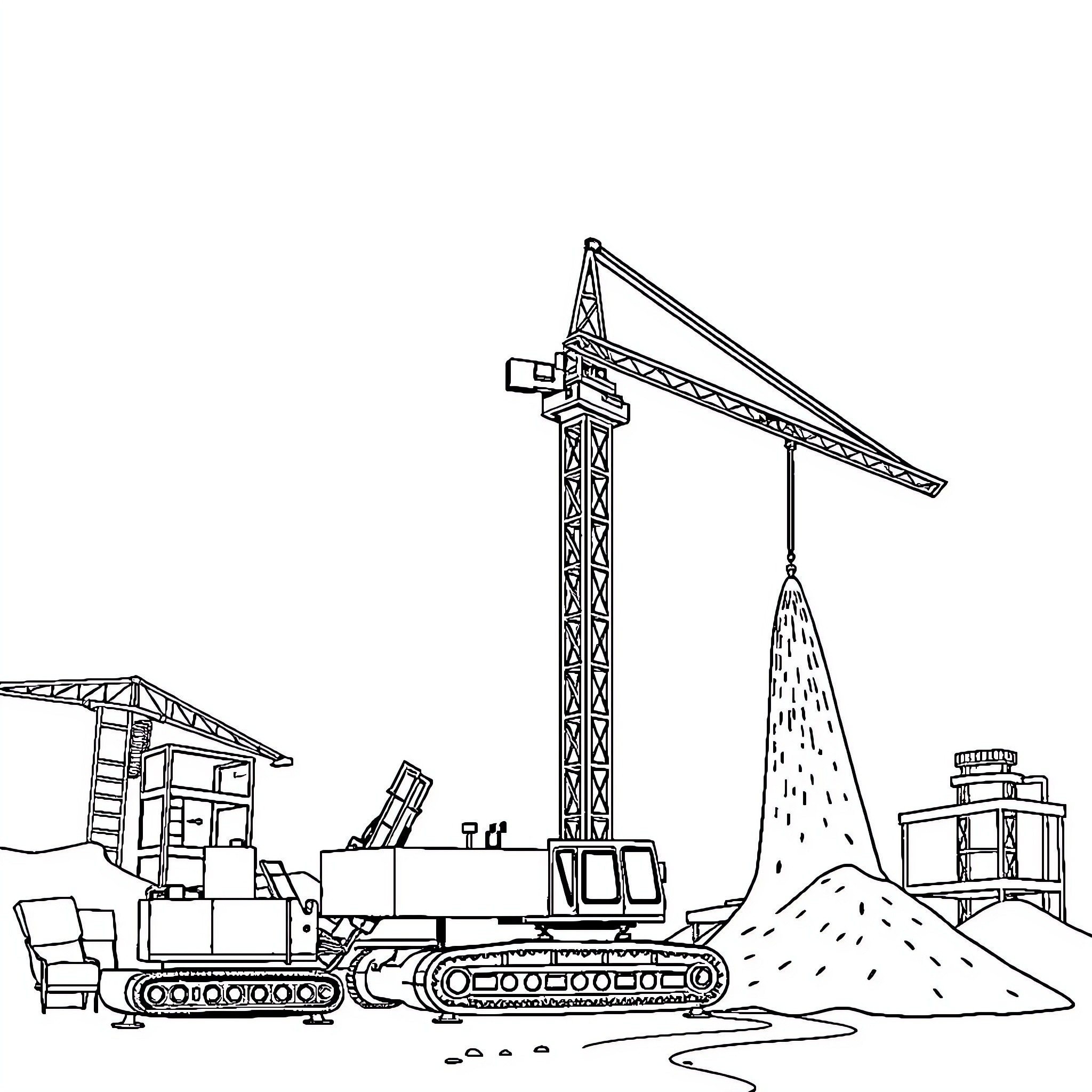 Crane lifting construction materials on site Coloring Page (free black-and-white line drawing printable PDF for all, from beginners to advanced learners, including children, teens, adults, and seniors)