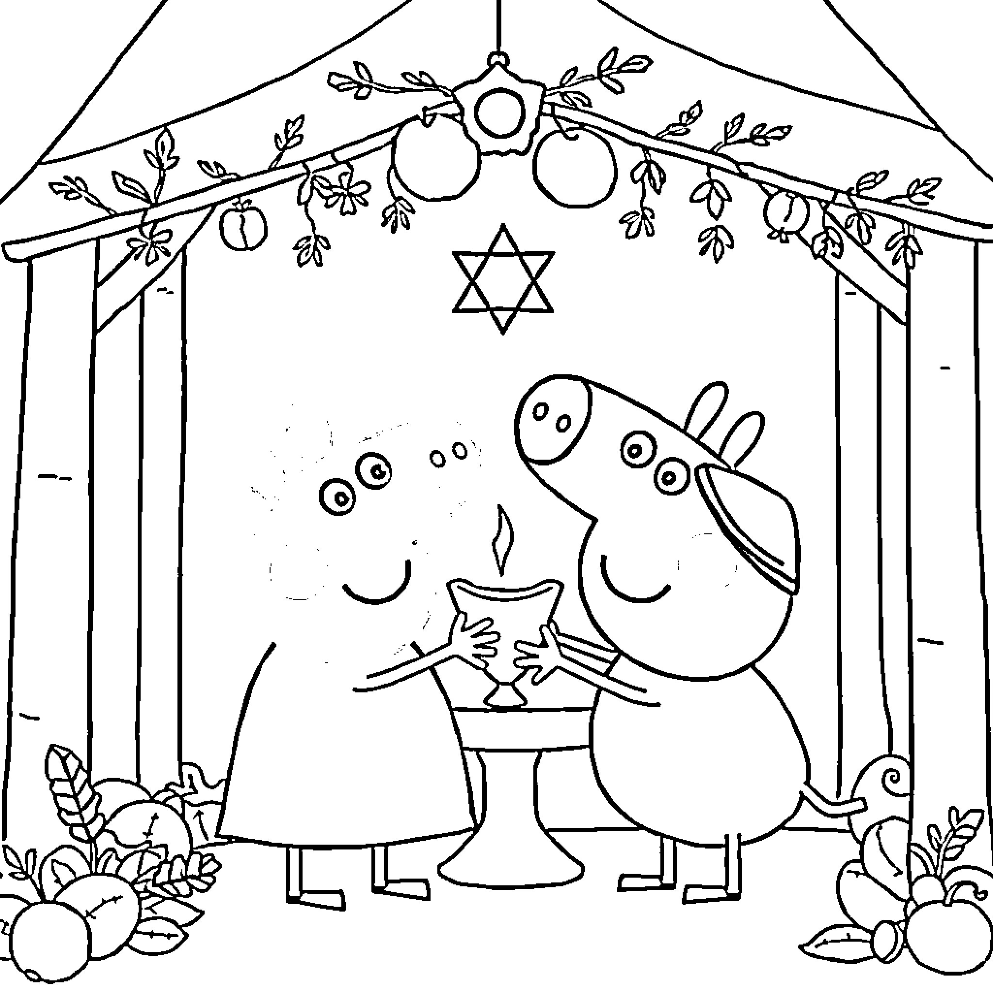 Peppa Pig and George Pig celebrating Sukkot holiday Coloring Page (free black-and-white line drawing printable PDF for all, from beginners to advanced learners, including children, teens, adults, and seniors)