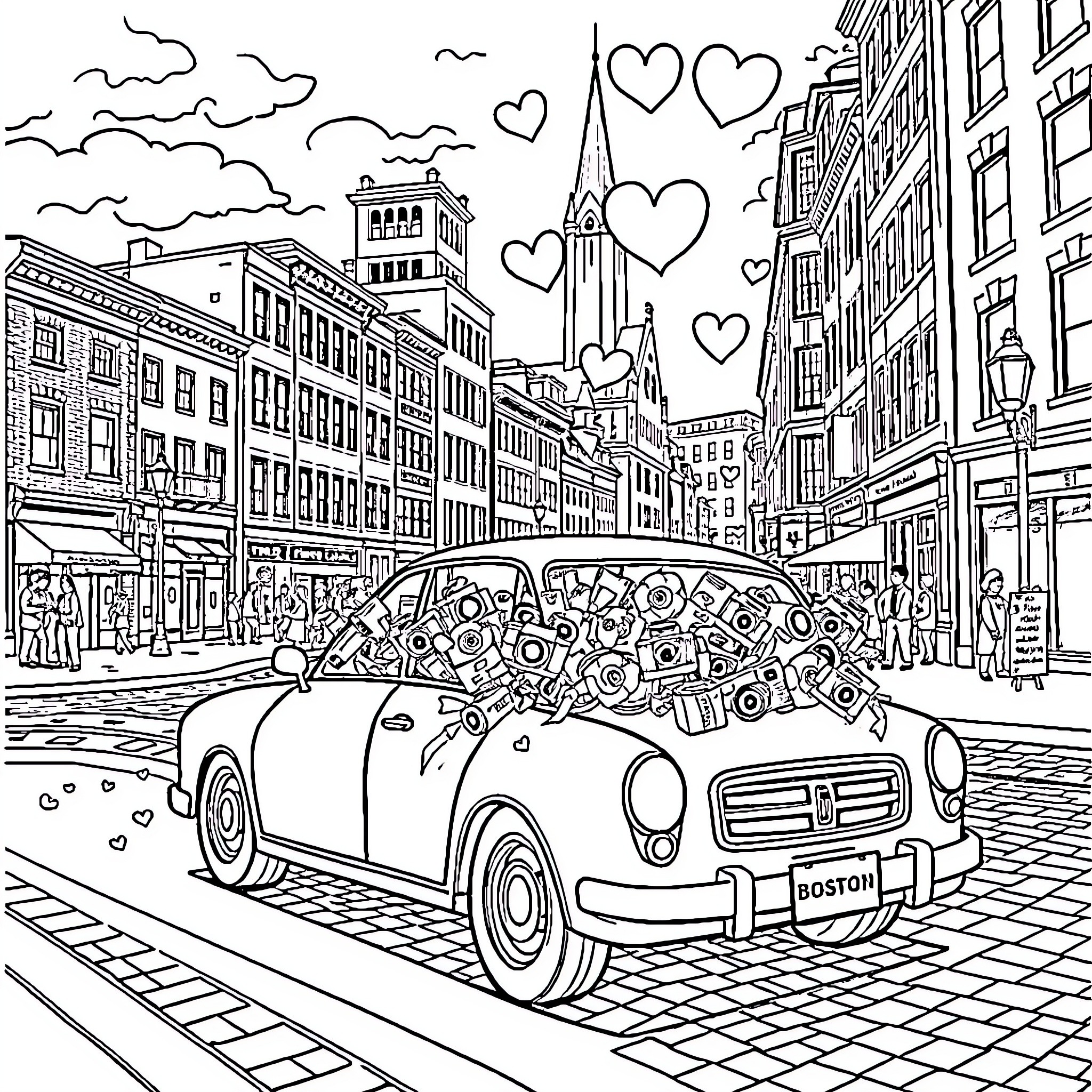 Car filled with hearts driving through a city street Coloring Page (free black-and-white line drawing printable PDF for all, from beginners to advanced learners, including children, teens, adults, and seniors)