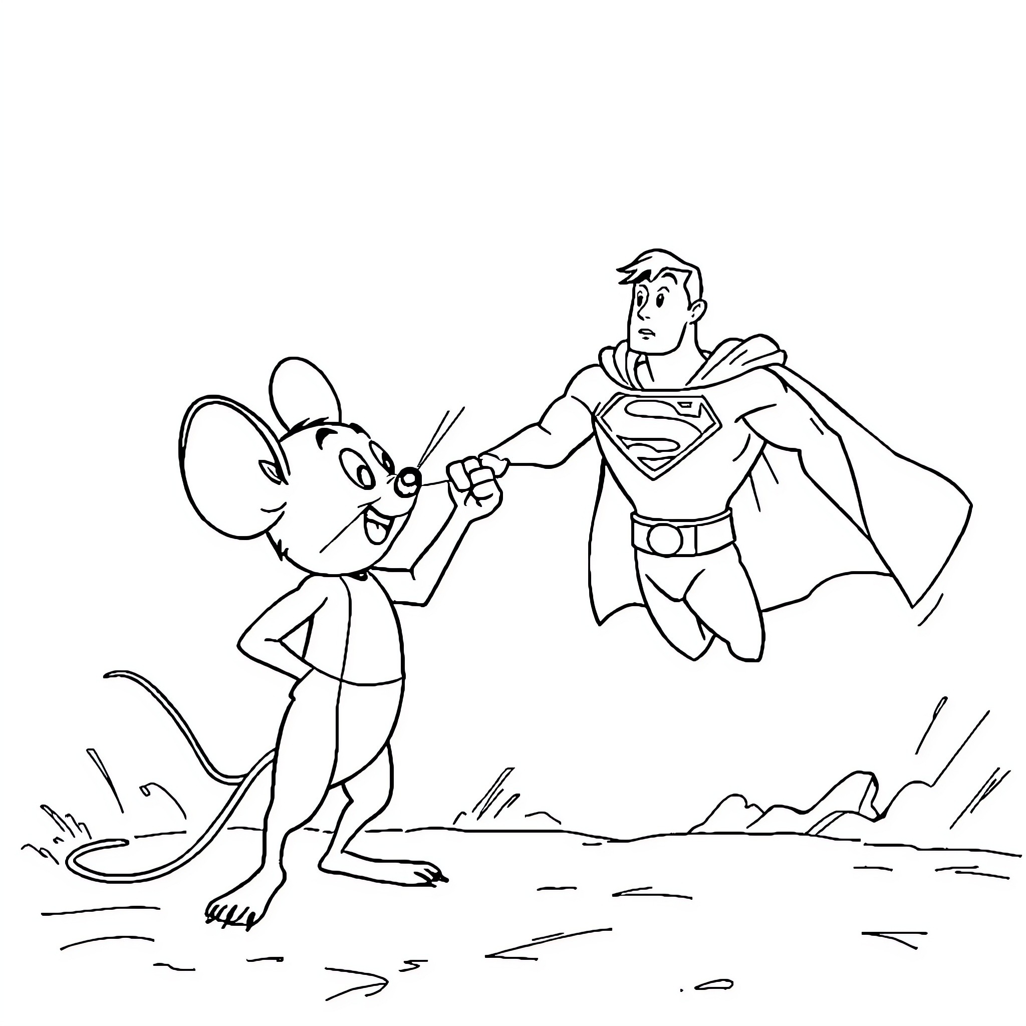 Mouse meets superhero in the wilderness Coloring Page (free black-and-white line drawing printable PDF for all, from beginners to advanced learners, including children, teens, adults, and seniors)