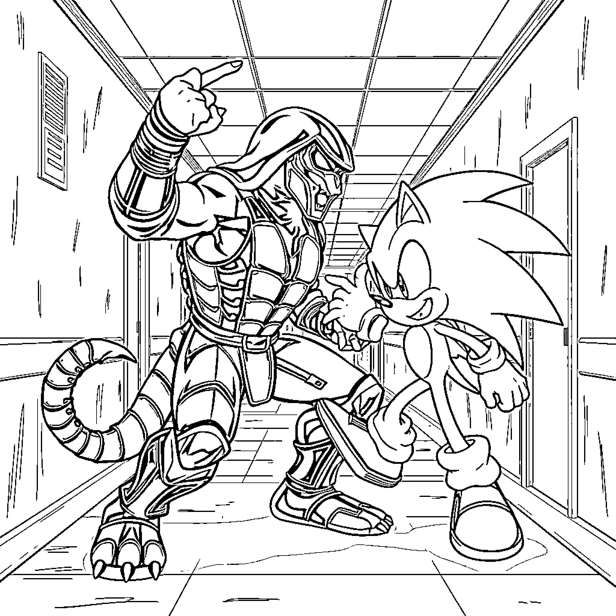 Scorpion Encounters Sonic in Action-Packed Scene Coloring Page (free black-and-white line drawing printable PDF for all, from beginners to advanced learners, including children, teens, adults, and seniors)