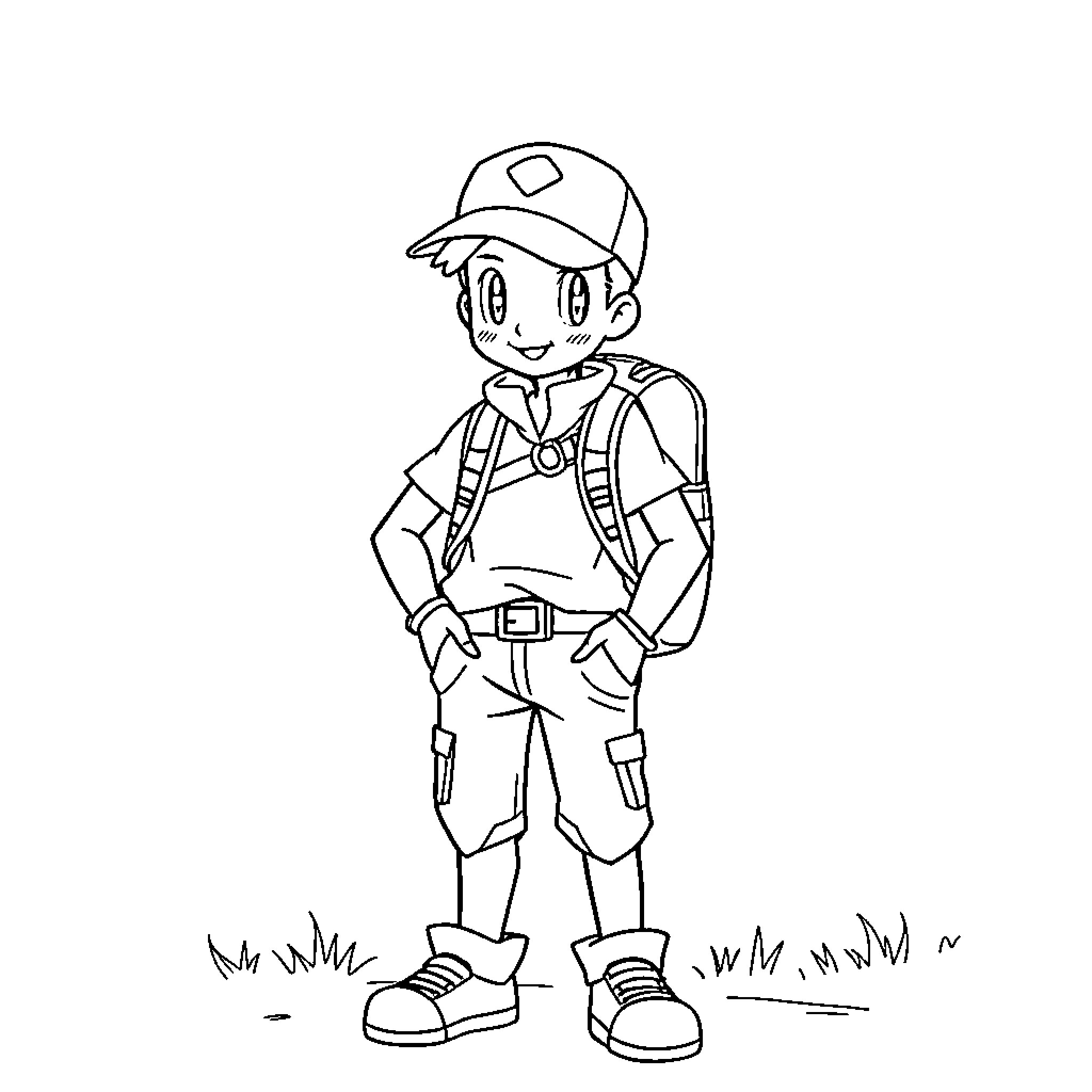 Pokemon Trainer in Adventurous Outdoor Attire Coloring Page (free black-and-white line drawing printable PDF for all, from beginners to advanced learners, including children, teens, adults, and seniors)