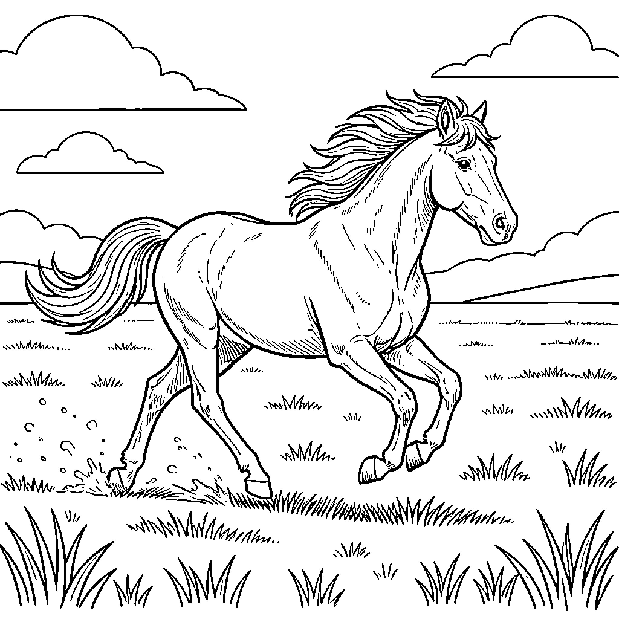 Horse running freely in the countryside Coloring Page (free black-and-white line drawing printable PDF for all, from beginners to advanced learners, including children, teens, adults, and seniors)