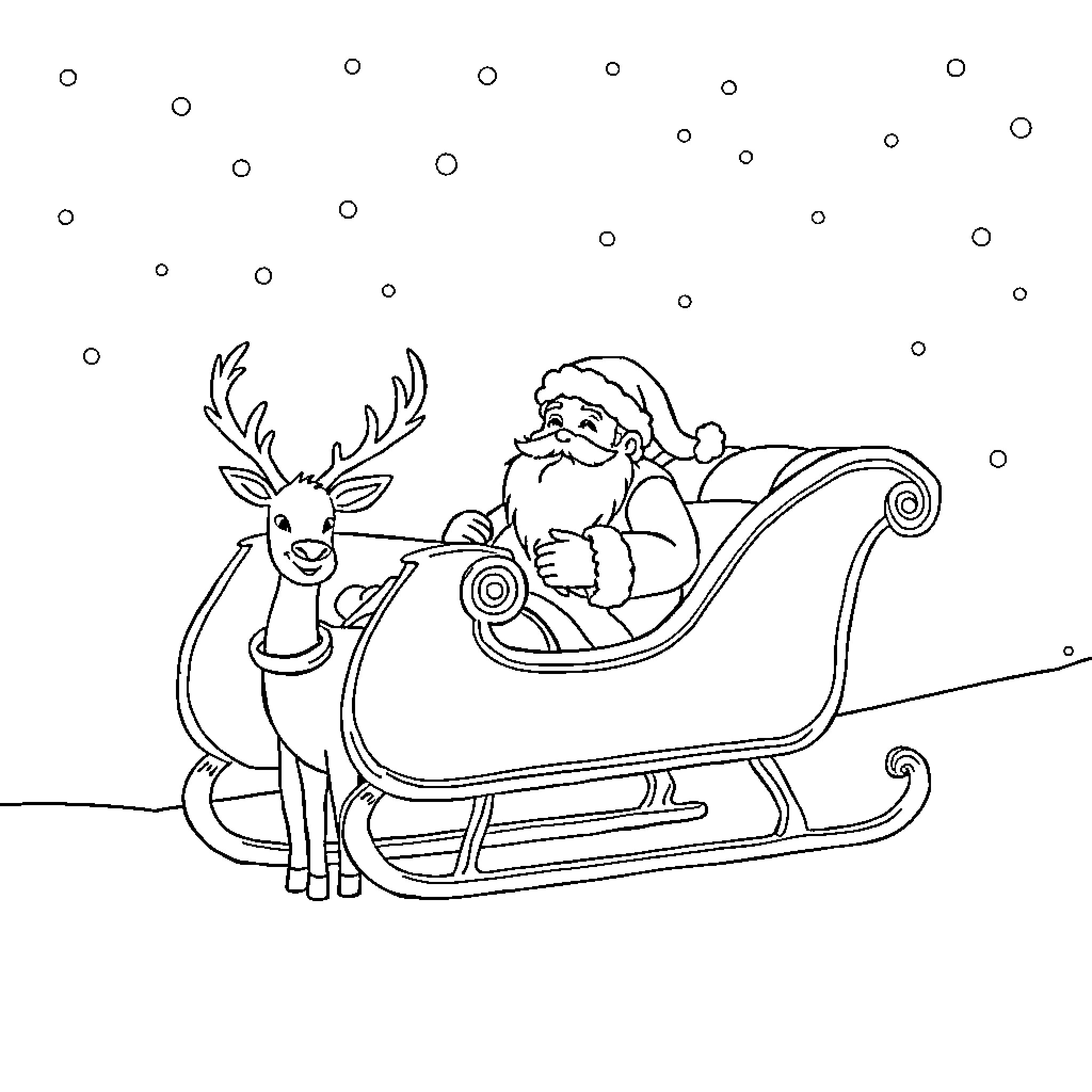 Santa riding his sleigh with reindeer Coloring Page (free black-and-white line drawing printable PDF for all, from beginners to advanced learners, including children, teens, adults, and seniors)