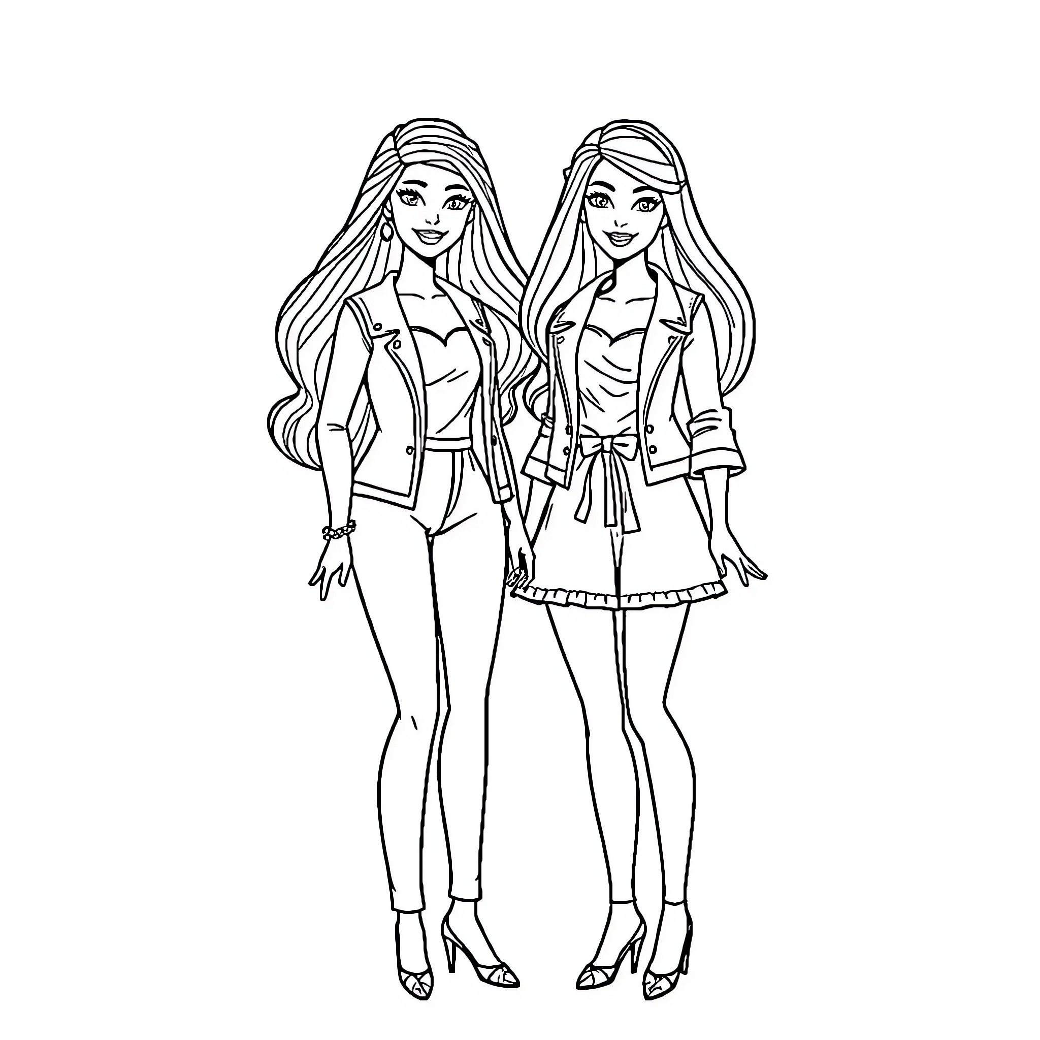 Barbie dolls in fashionable outfits posing together Coloring Page (free black-and-white line drawing printable PDF for all, from beginners to advanced learners, including children, teens, adults, and seniors)