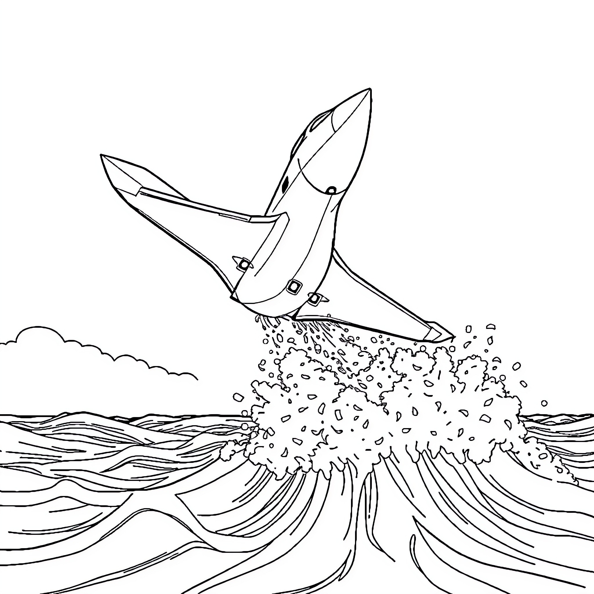 Jet soaring through crashing waves Coloring Page (free black-and-white line drawing printable PDF for all, from beginners to advanced learners, including children, teens, adults, and seniors)