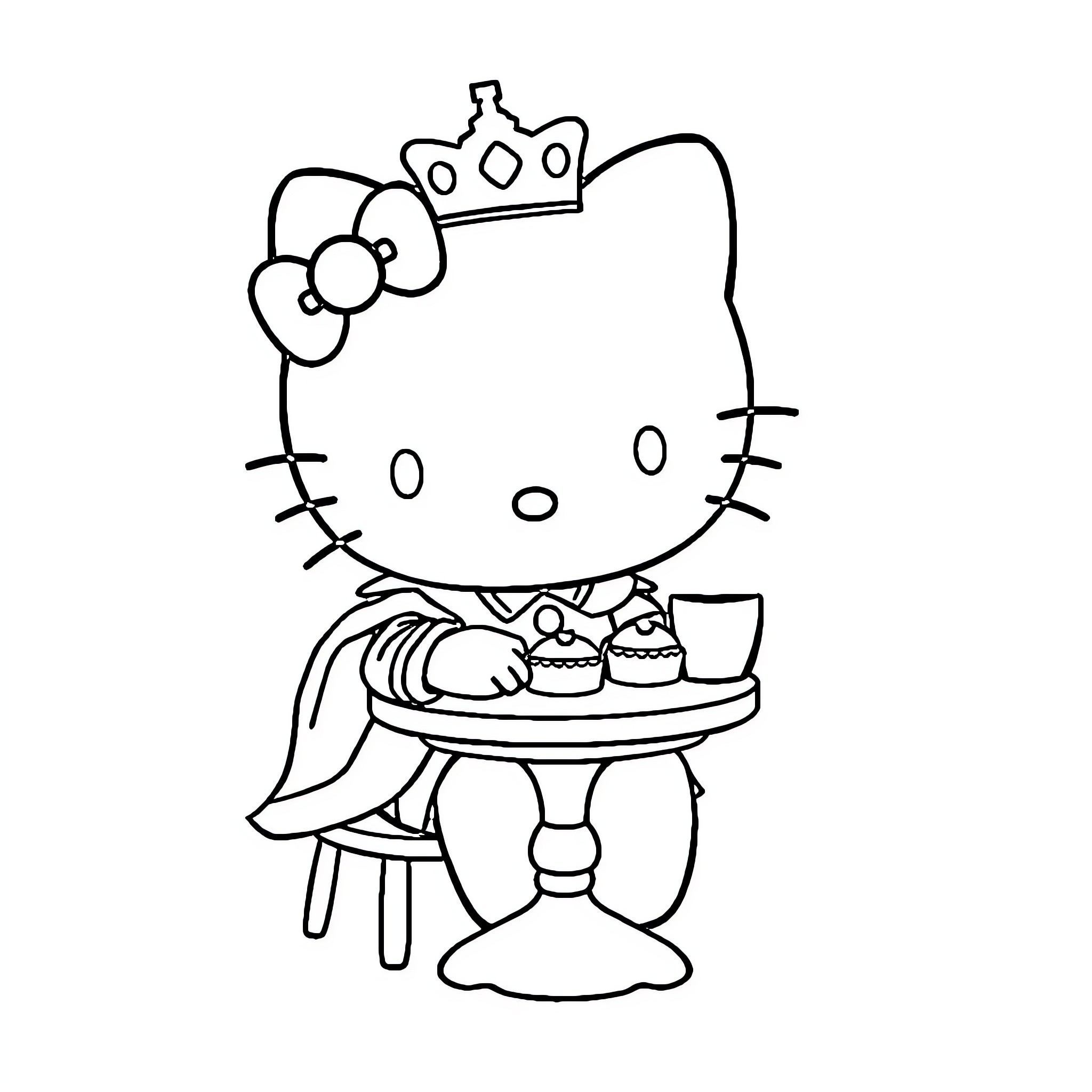 Hello Kitty enjoying tea party with cakes Coloring Page (free black-and-white line drawing printable PDF for all, from beginners to advanced learners, including children, teens, adults, and seniors)