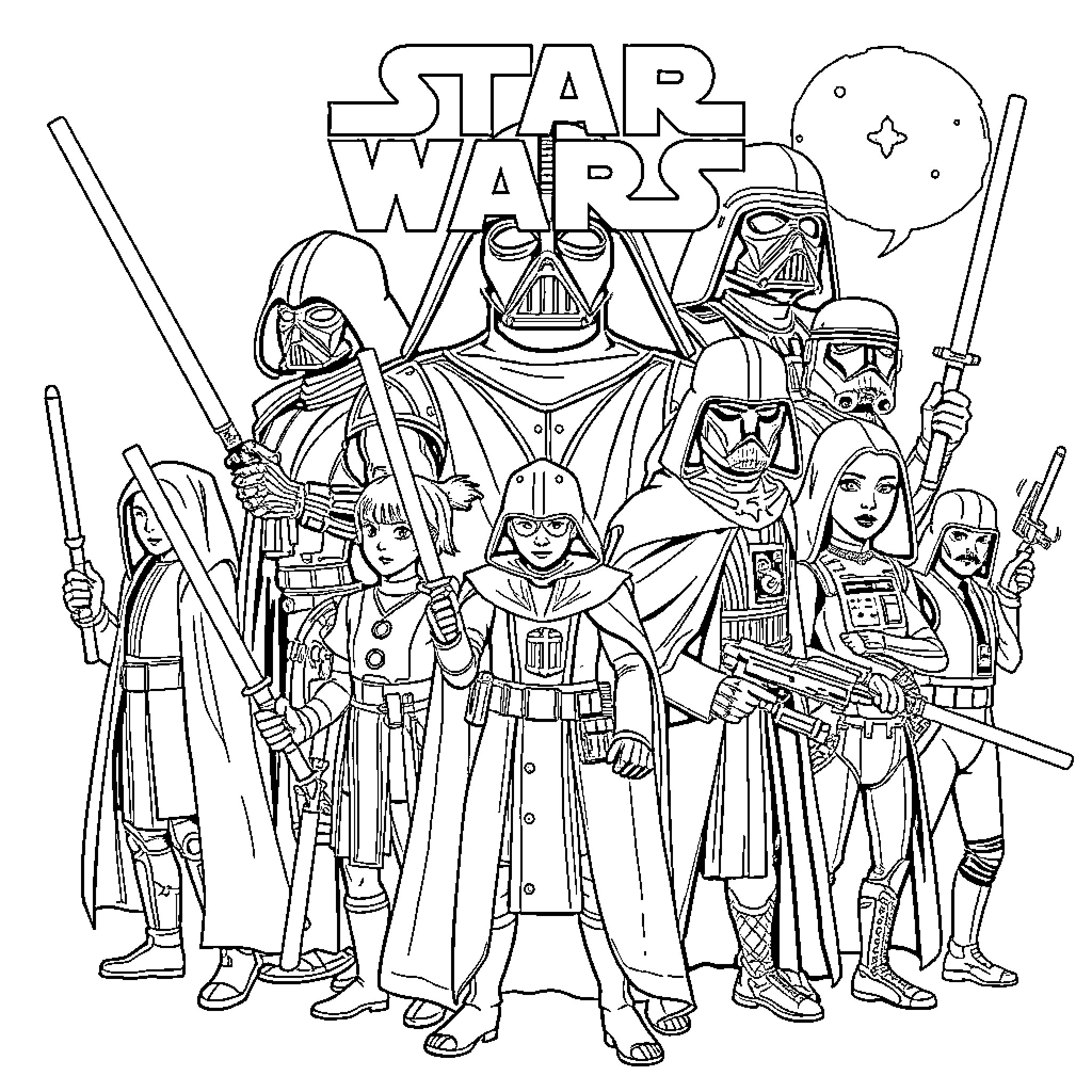 Star Wars Character Group Assembled in Action Coloring Page (free black-and-white line drawing printable PDF for all, from beginners to advanced learners, including children, teens, adults, and seniors)