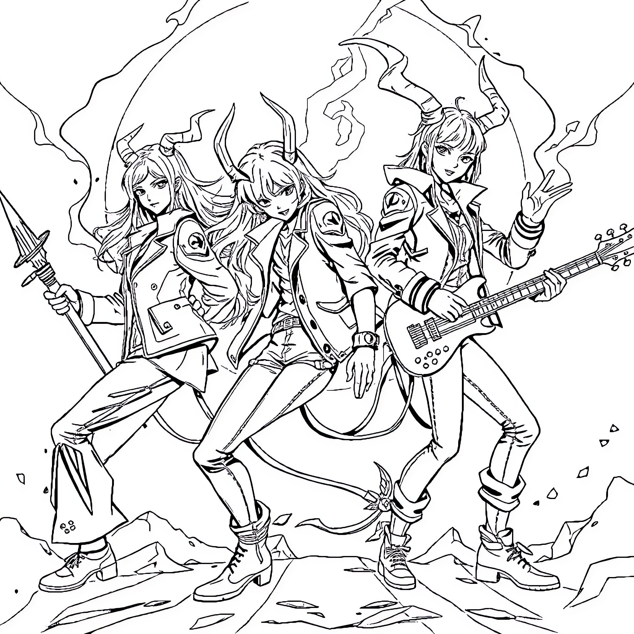 Demon Hunter Warriors in Action Pose Coloring Page (free black-and-white line drawing printable PDF for all, from beginners to advanced learners, including children, teens, adults, and seniors)