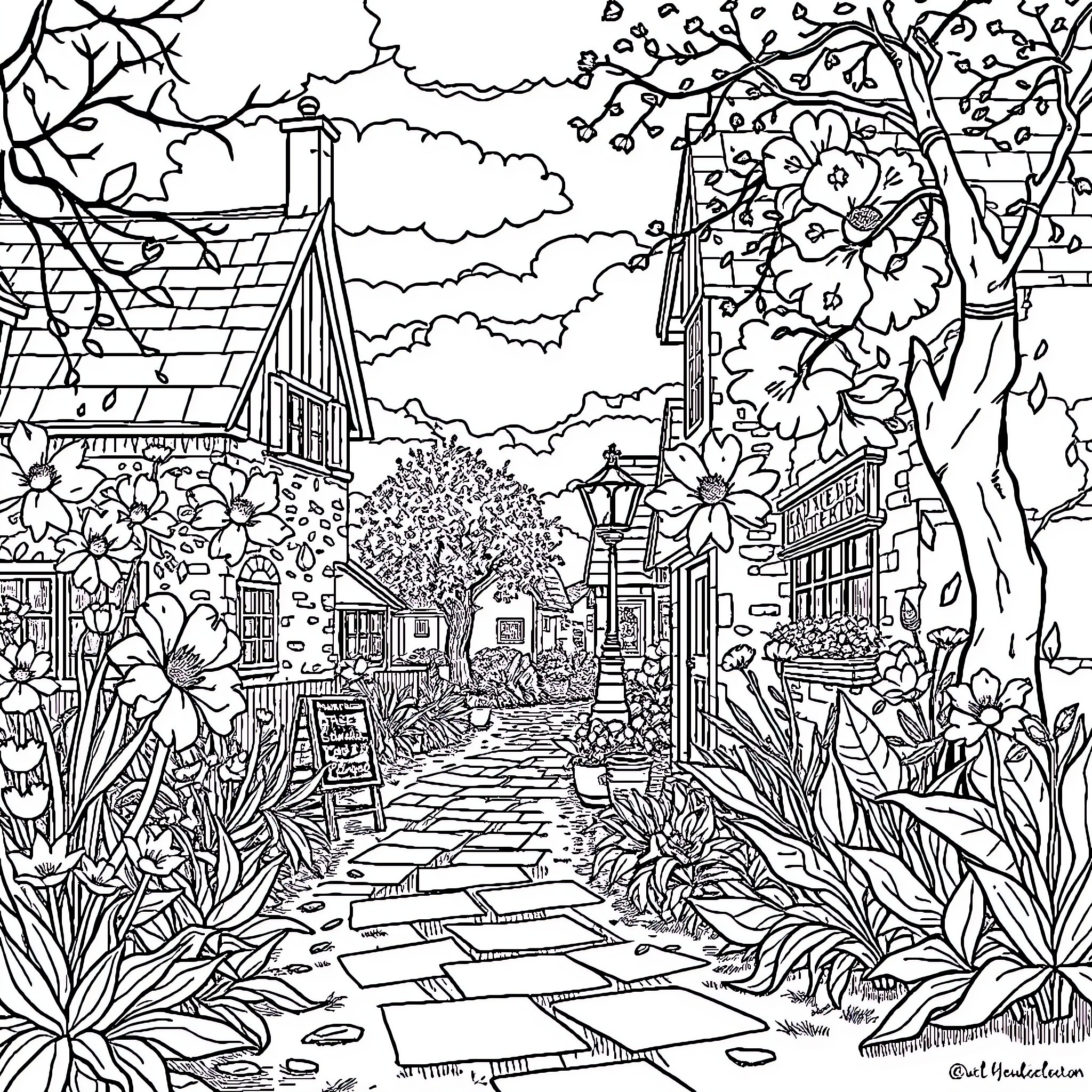 Rue of Floral Charm and Tranquil Scenery Coloring Page (free black-and-white line drawing printable PDF for all, from beginners to advanced learners, including children, teens, adults, and seniors)