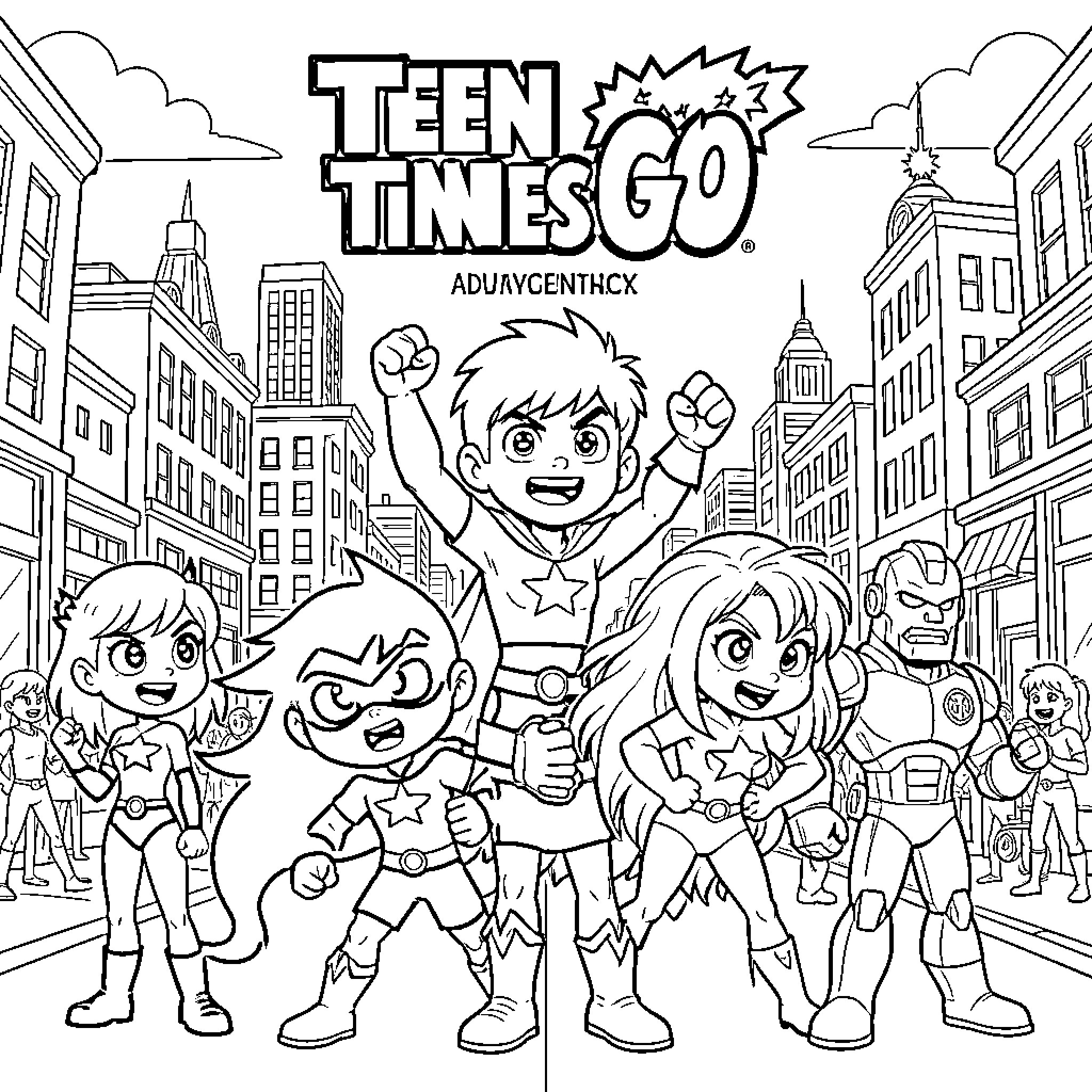 Teen Titans posing heroically in a city setting Coloring Page (free black-and-white line drawing printable PDF for all, from beginners to advanced learners, including children, teens, adults, and seniors)