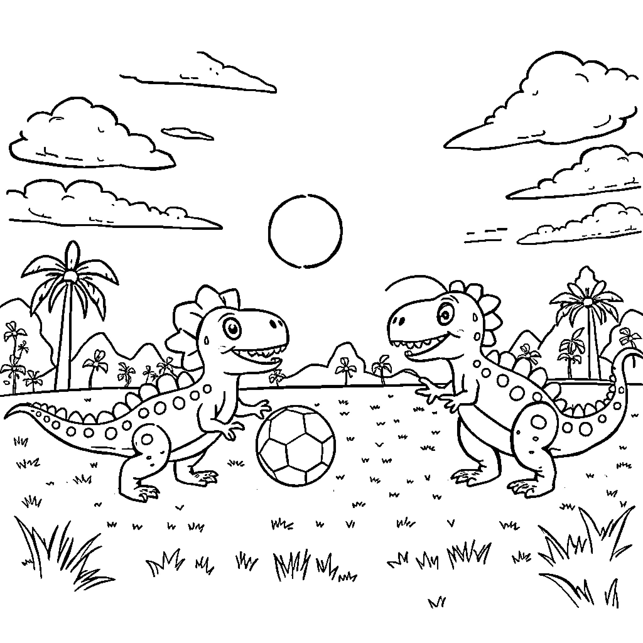 Dinosaurs playing soccer in a tropical paradise Coloring Page (free black-and-white line drawing printable PDF for all, from beginners to advanced learners, including children, teens, adults, and seniors)