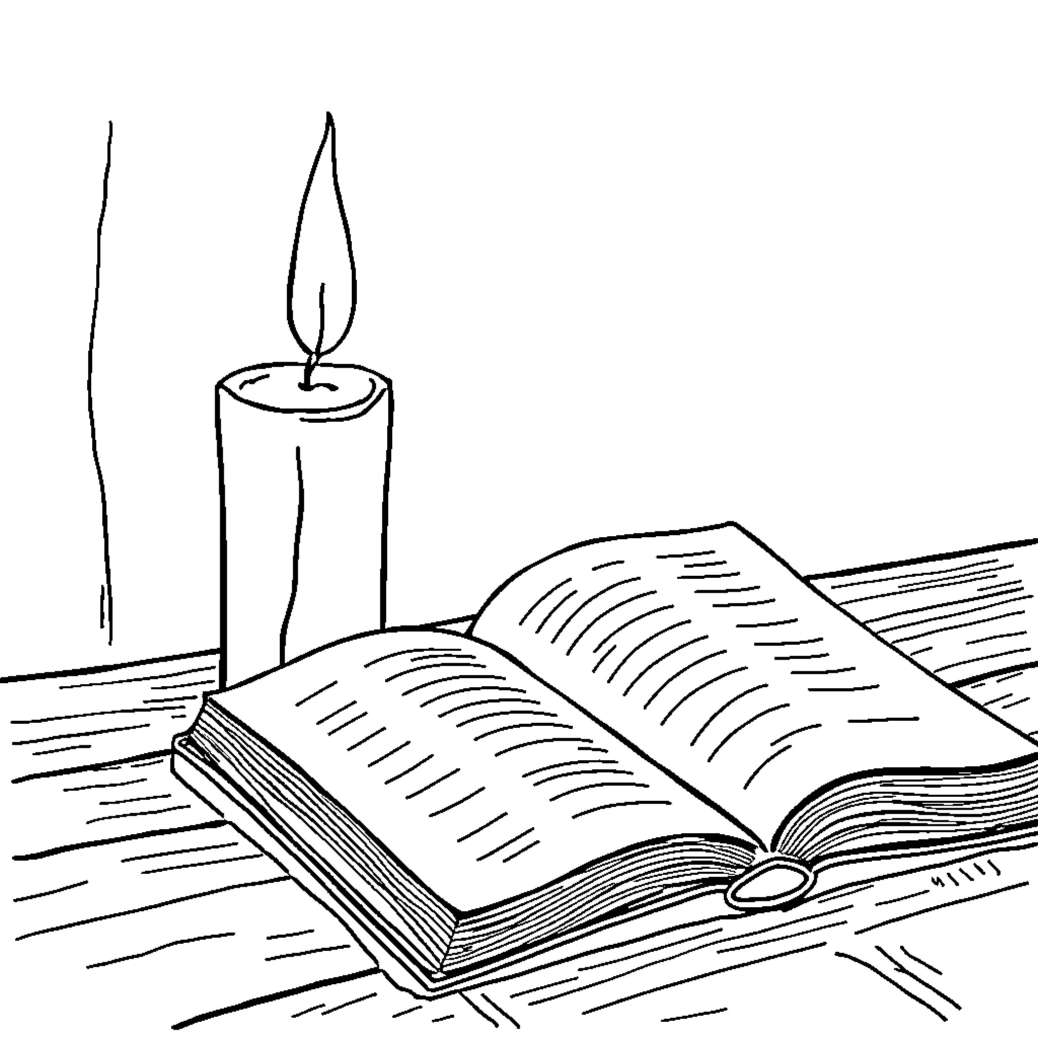 Candle illuminating an open book Coloring Page (free black-and-white line drawing printable PDF for all, from beginners to advanced learners, including children, teens, adults, and seniors)