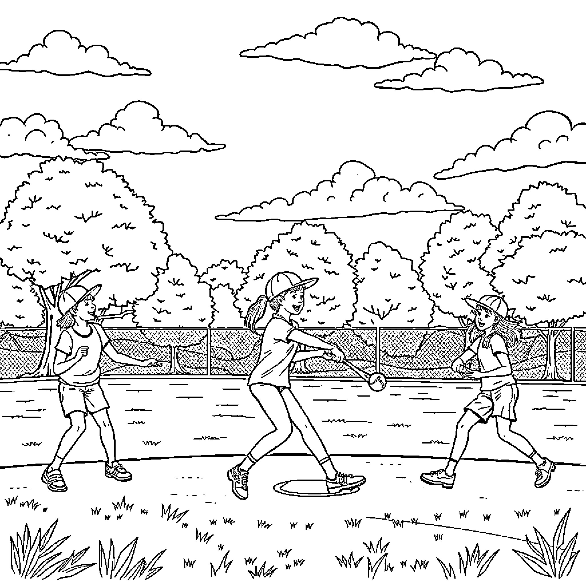 Softball players enjoying a game outdoors Coloring Page (free black-and-white line drawing printable PDF for all, from beginners to advanced learners, including children, teens, adults, and seniors)