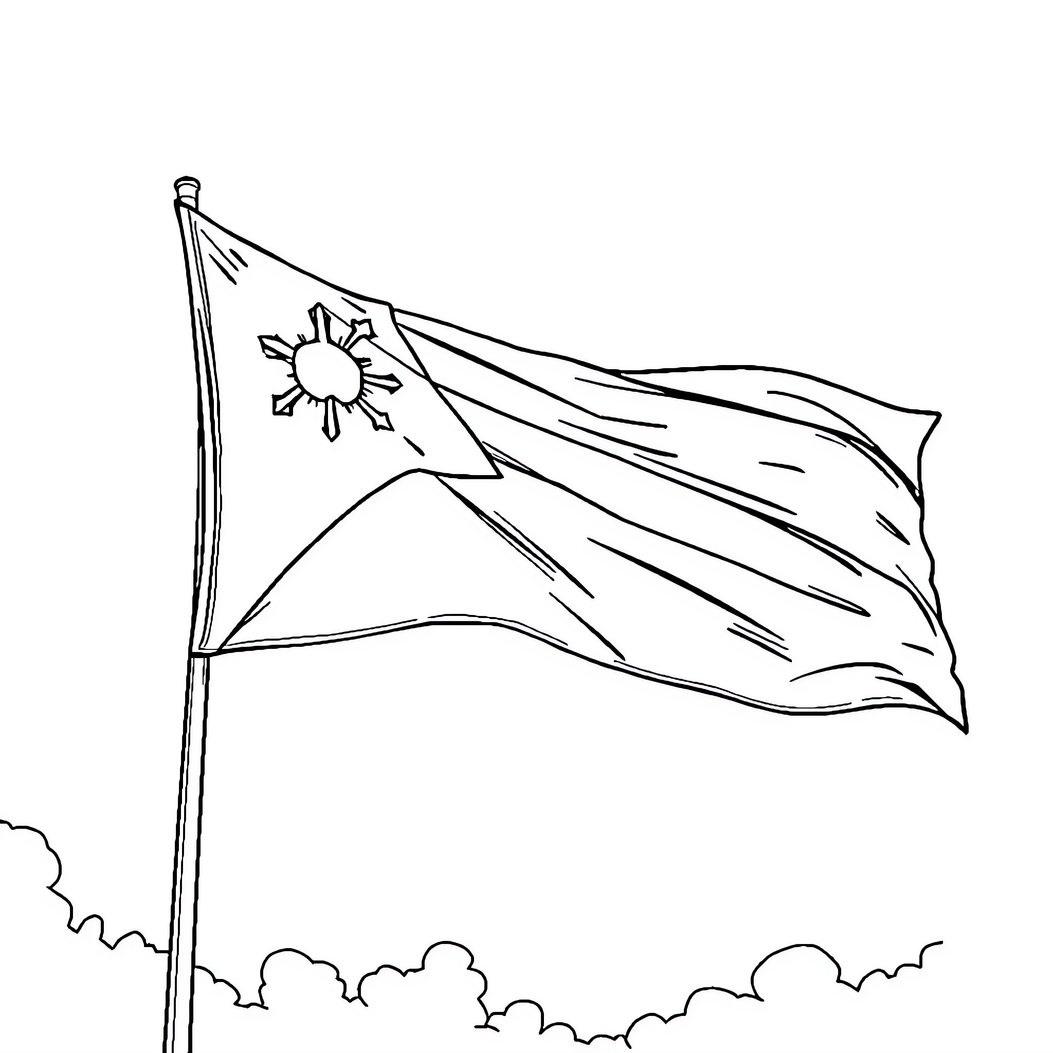 Flag waving in the wind with sun design Coloring Page (free black-and-white line drawing printable PDF for all, from beginners to advanced learners, including children, teens, adults, and seniors)