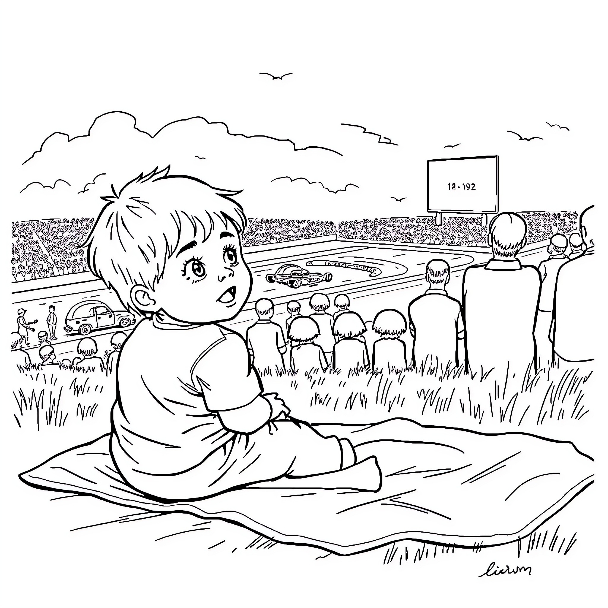 Boy watching sports event in stadium Coloring Page (free black-and-white line drawing printable PDF for all, from beginners to advanced learners, including children, teens, adults, and seniors)