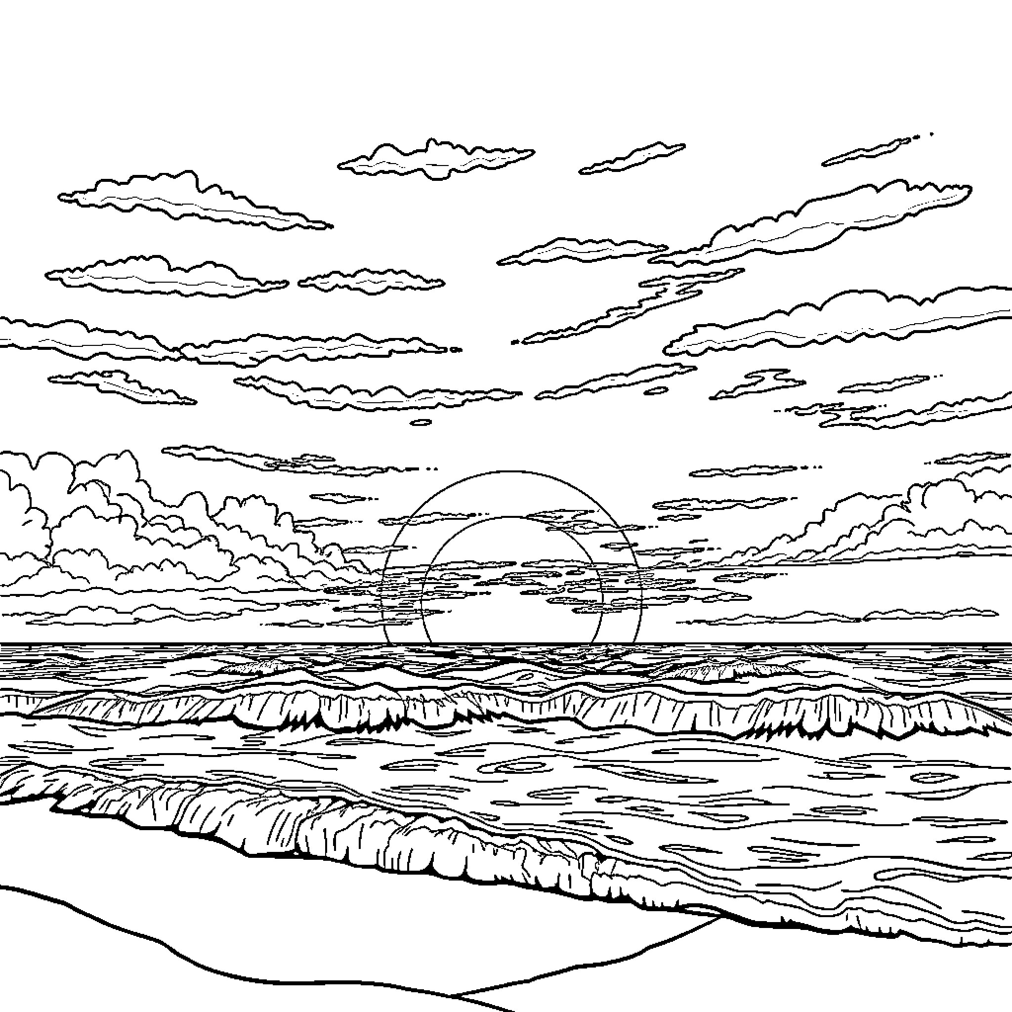 Sunset over the serene ocean Coloring Page (free black-and-white line drawing printable PDF for all, from beginners to advanced learners, including children, teens, adults, and seniors)