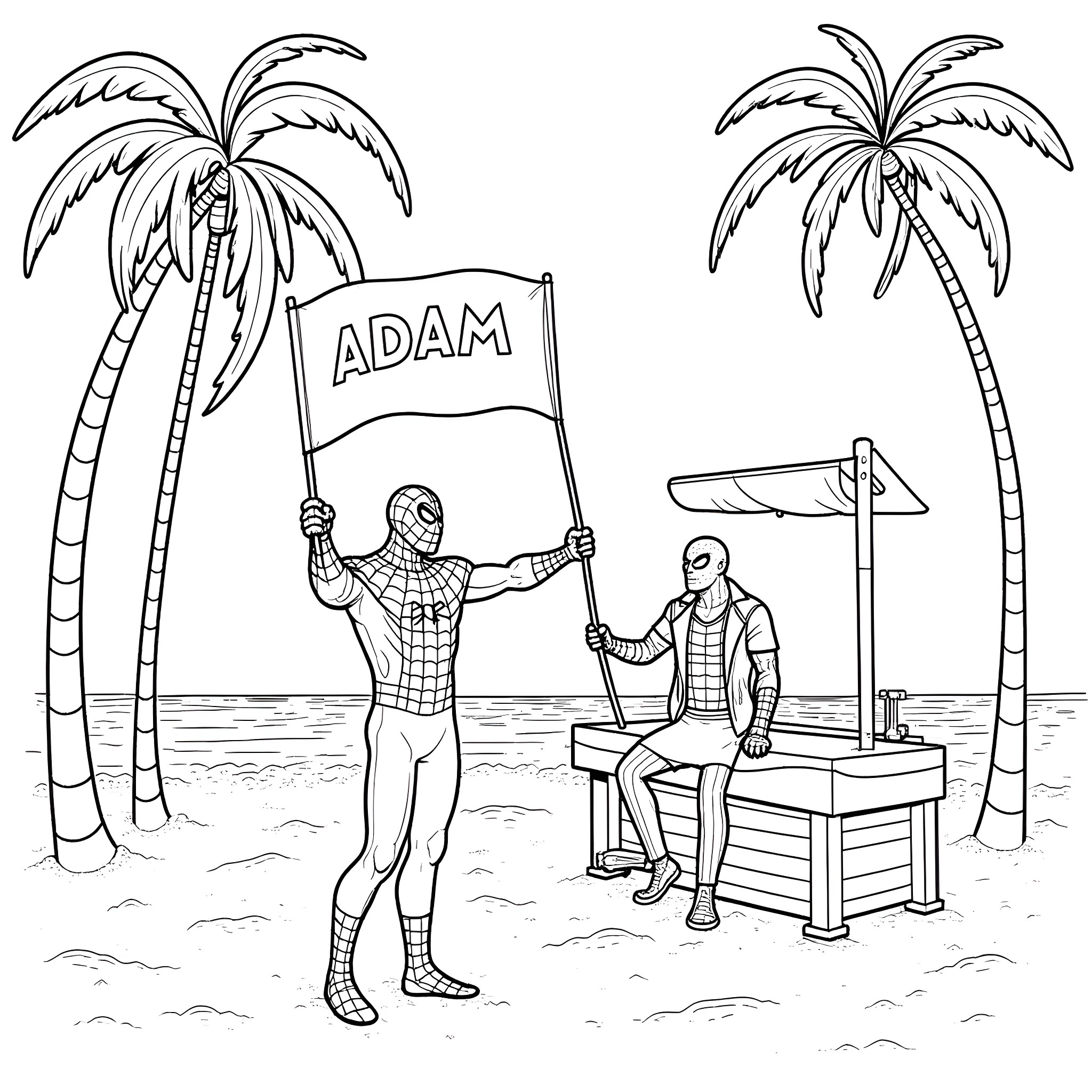 Spiderman on a beach with Adam flag Coloring Page (free black-and-white line drawing printable PDF for all, from beginners to advanced learners, including children, teens, adults, and seniors)