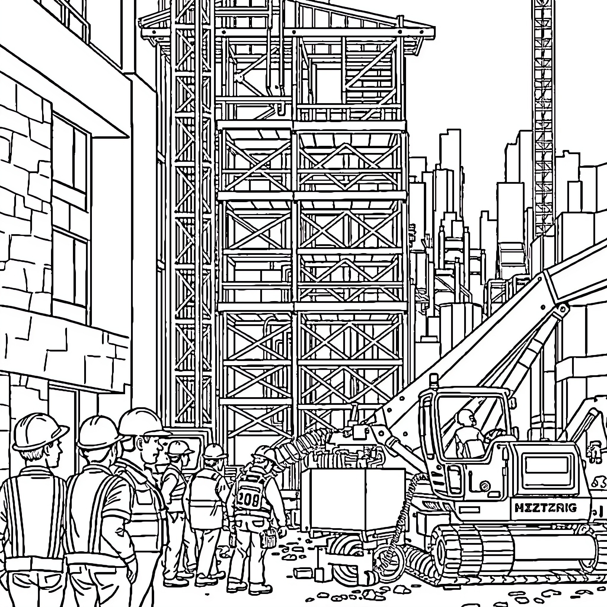 Building Site with Construction Workers and Heavy Machinery Coloring Page (free black-and-white line drawing printable PDF for all, from beginners to advanced learners, including children, teens, adults, and seniors)