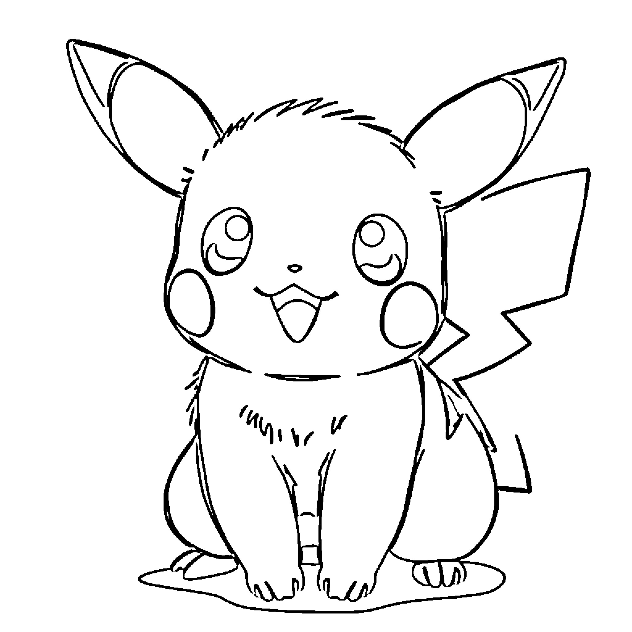 Pikachu's Cute and Cheerful Pose Coloring Page (free black-and-white line drawing printable PDF for all, from beginners to advanced learners, including children, teens, adults, and seniors)