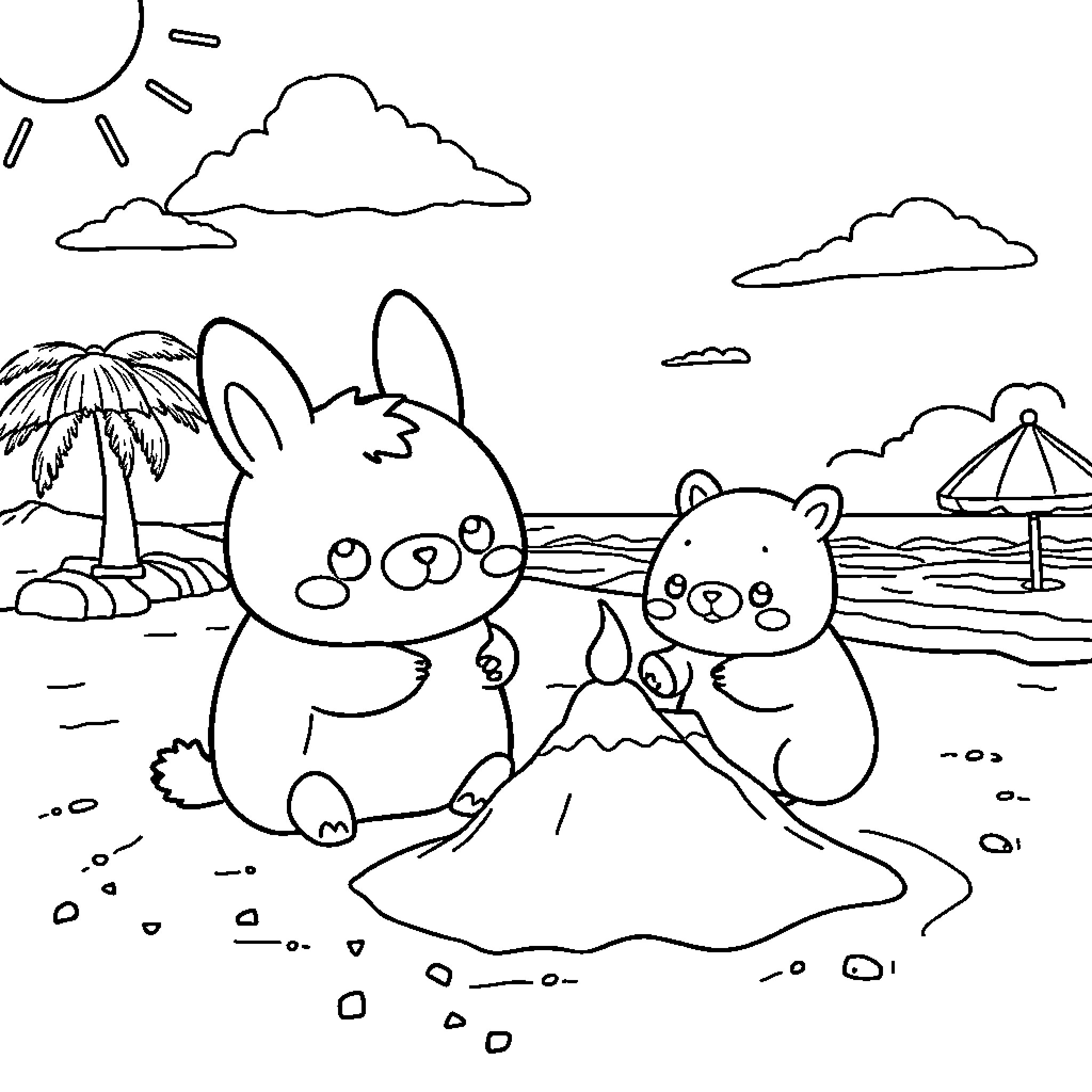 Cinnamoroll and friend enjoying a sunny beach day Coloring Page (free black-and-white line drawing printable PDF for all, from beginners to advanced learners, including children, teens, adults, and seniors)