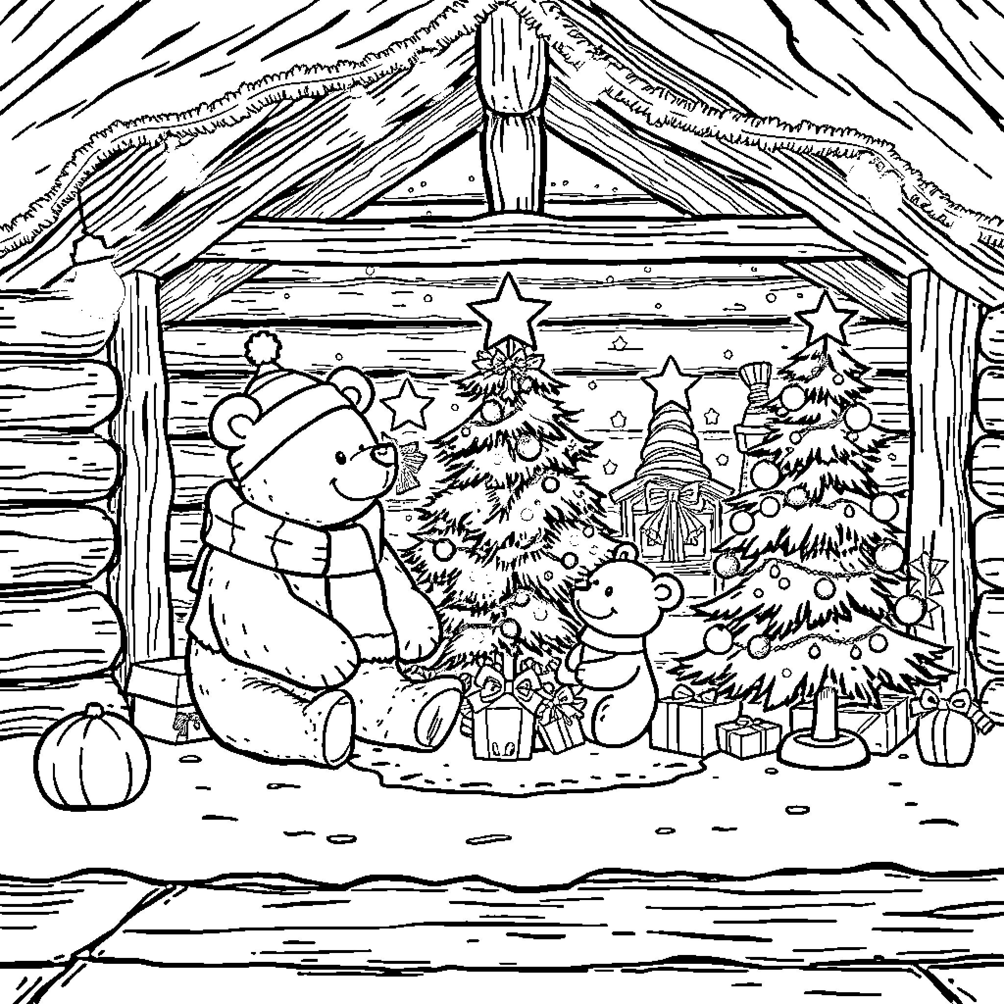 Bear enjoying Christmas decorations in a festive winter scene Coloring Page (free black-and-white line drawing printable PDF for all, from beginners to advanced learners, including children, teens, adults, and seniors)
