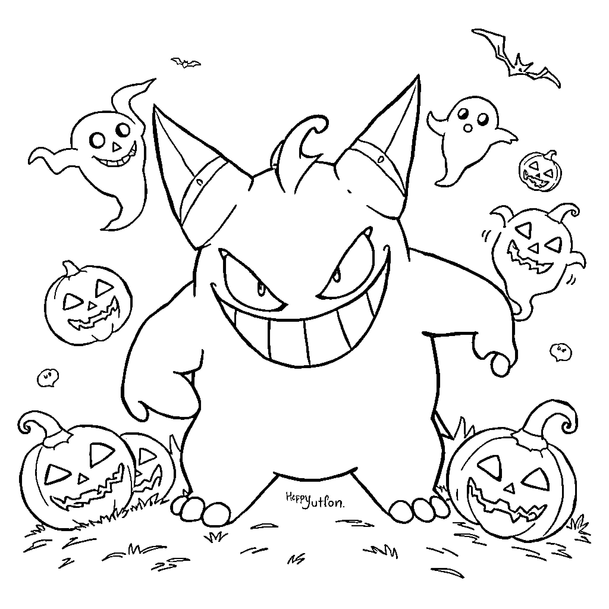 Gengar and its Spooky Halloween Companions Coloring Page (free black-and-white line drawing printable PDF for all, from beginners to advanced learners, including children, teens, adults, and seniors)