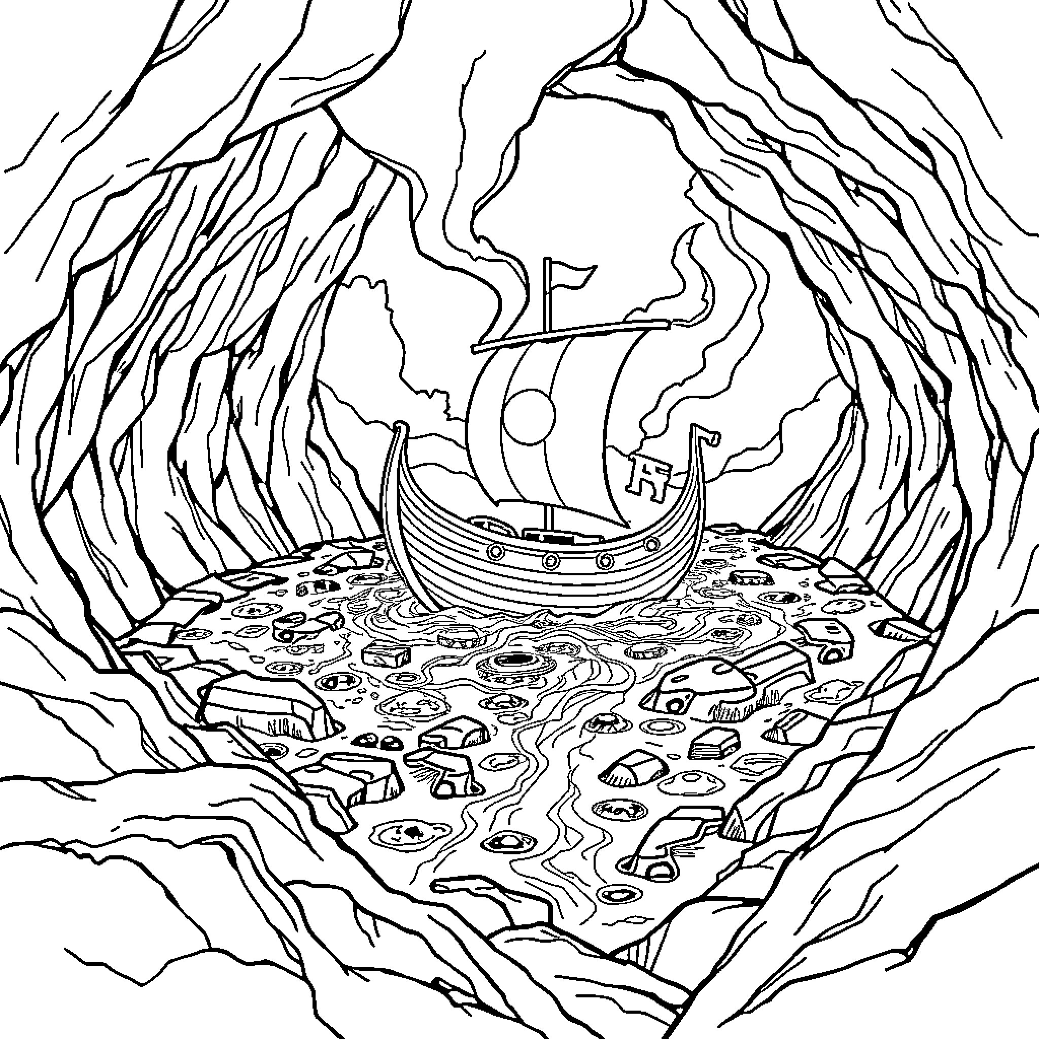Viking Boat Sailing Through Treacherous Terrain Coloring Page (free black-and-white line drawing printable PDF for all, from beginners to advanced learners, including children, teens, adults, and seniors)