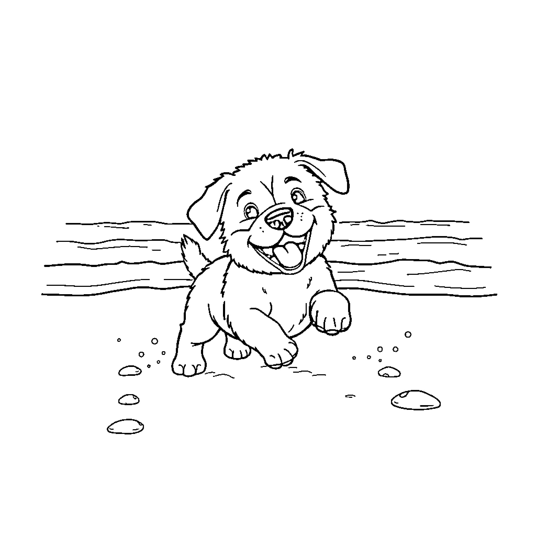 Puppy playing happily on the beach Coloring Page (free black-and-white line drawing printable PDF for all, from beginners to advanced learners, including children, teens, adults, and seniors)