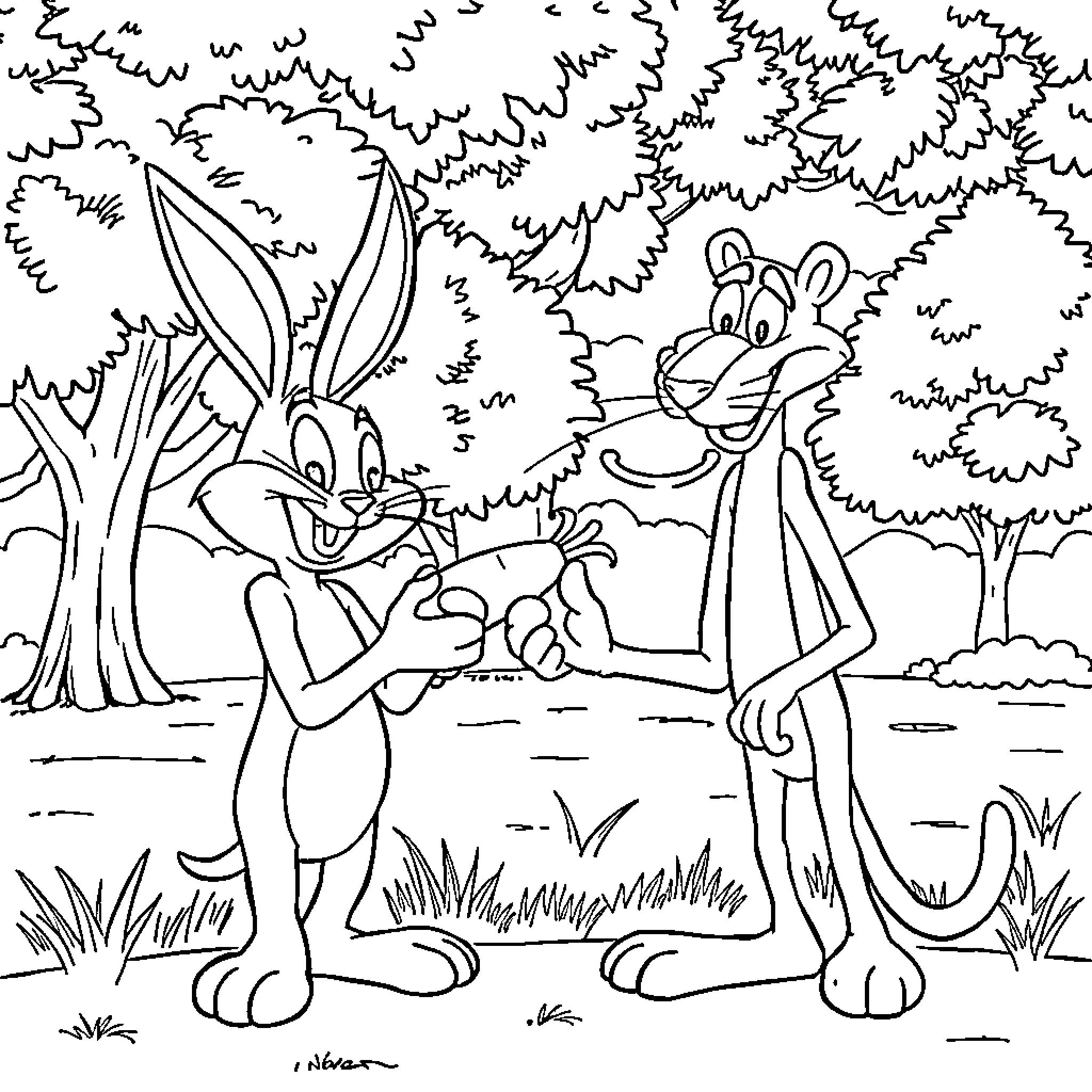 Bugs Bunny and Sylvester the Cat in the Forest Coloring Page (free black-and-white line drawing printable PDF for all, from beginners to advanced learners, including children, teens, adults, and seniors)